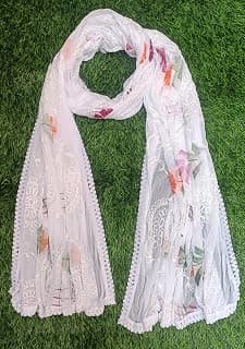 Generic AAYAT FASHION ZONE Pure Cotton Embroidered Women Dupatta (Chiffon Brush Paint Embroidery Dupatta White) - AB5648