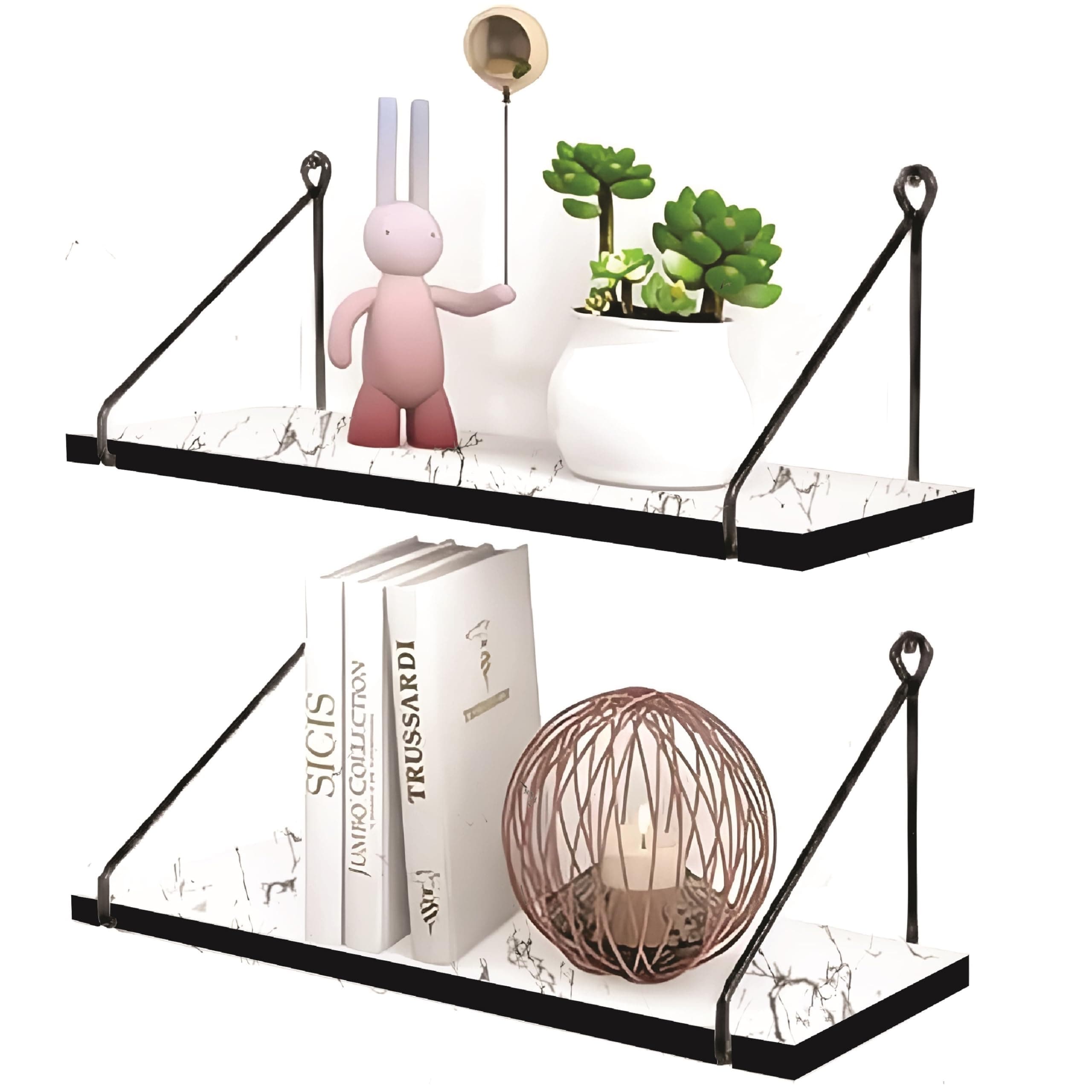Dime Store Wall Shelf, Metallic Gold White Wall Mounted Shelves, Home Decor Items for Living Room/Bedroom, Set of 2 (White)
