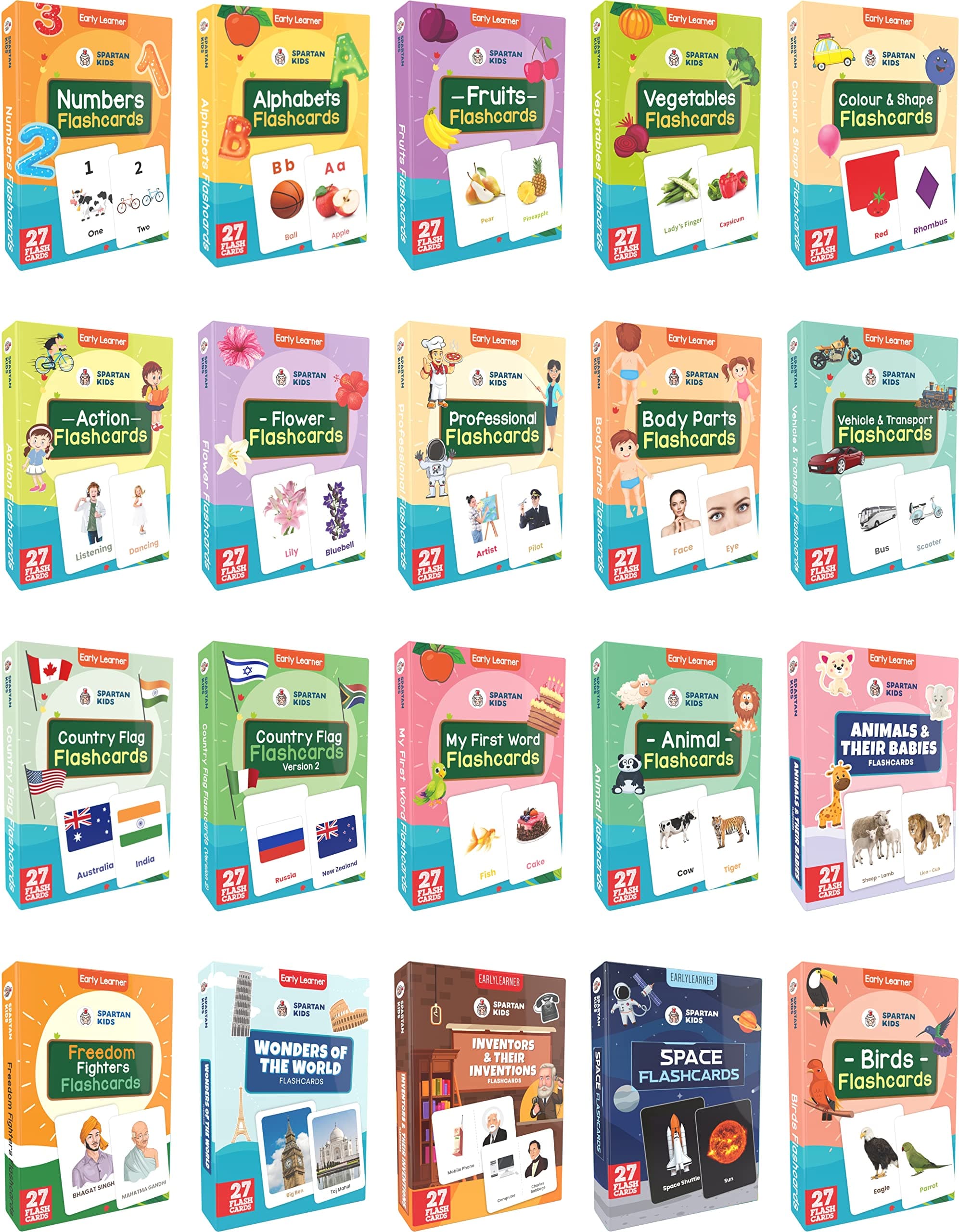 SPARTAN KIDS Flash Cards for Kids (Set of 20) Early Learning Flash Cards Easy & Fun Way of Learning 3 Months to 6 Years Kids Language_Skills | Flash Cards for Babies 6 to 12 Months (Combo Set)