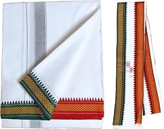 INIDHU Traditional Cotton Dhoti with Angavastram Set, White with Multicolor Border, Ethnic Wear,devotonal purposes,temple wear,Pack of 1 (Combo set)