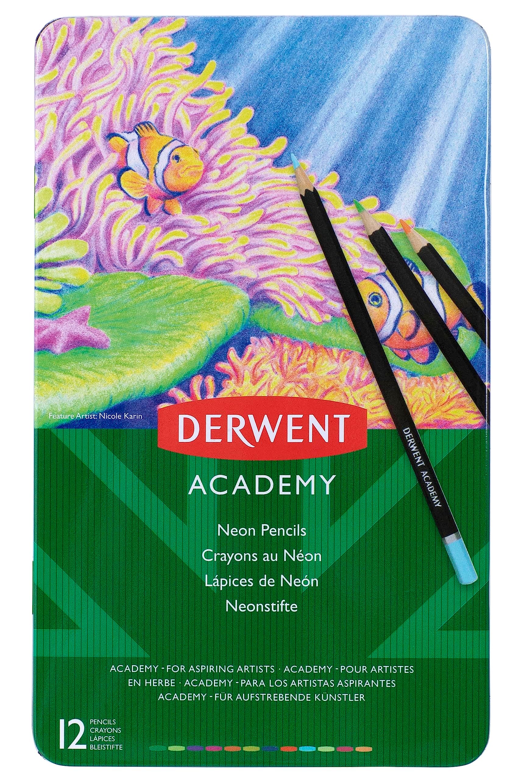 Derwent Academy Neon Colouring Pencils Tin, Ideal for Drawing, Sketching & Crafts, Premium Hobbyist Quality Kit (Set Of 12), Multi