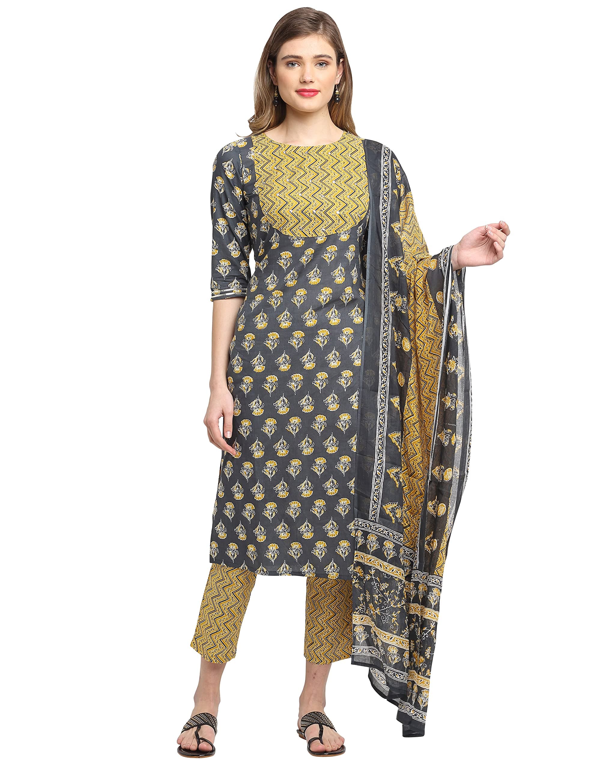 Monira Women's Pure Cotton Embroidered Straight Kurta Set With Dupatta (Ready To Wear; Grey; S To 2XL)(MONVL248-P)