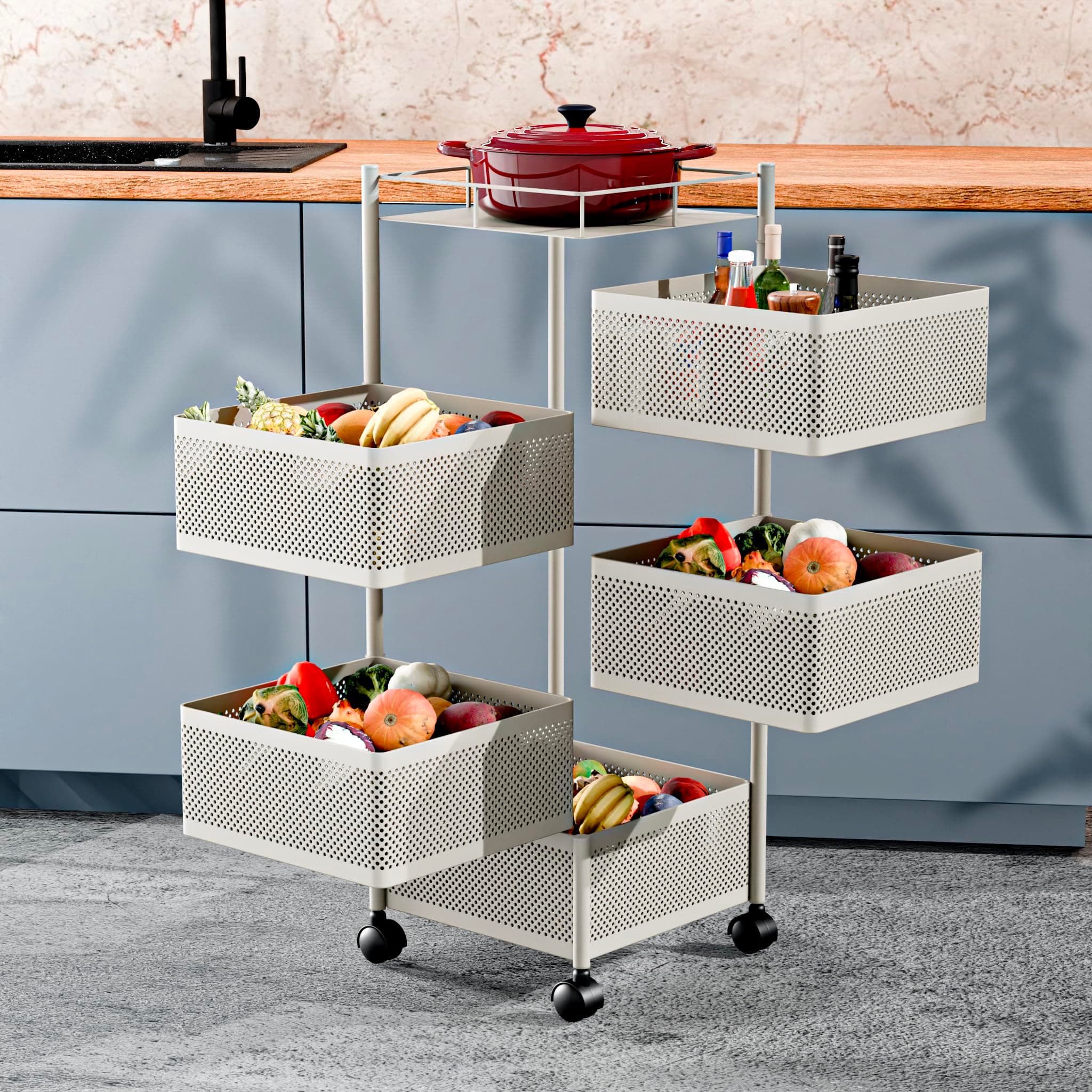 TEX-RO Kitchen Trolley with Wheels | 5-Layer Metal Vegetable Basket Stand & Kitchen Storage Rack | Multipurpose Kitchen Organizer for Onion Potato Storage (White)