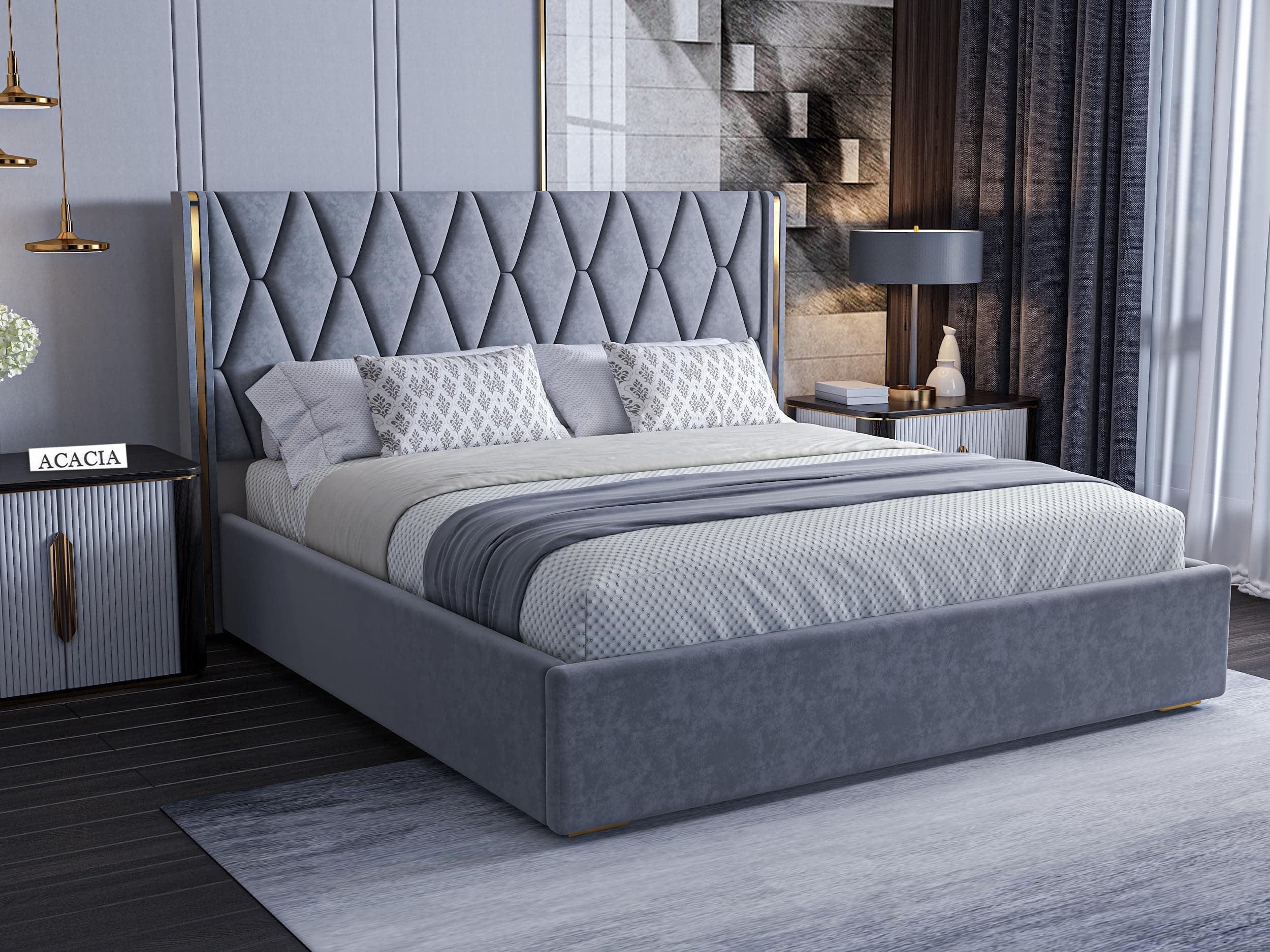 Acacia Modern Upholstered King Size Bed with Box Storage for Bedroom | Wooden Double Bed with Storage | Platform Cot Bed with Upholstery Premium Fabric | 6.5 x 6 Ft | Solid Shesham Wood | Dark Grey
