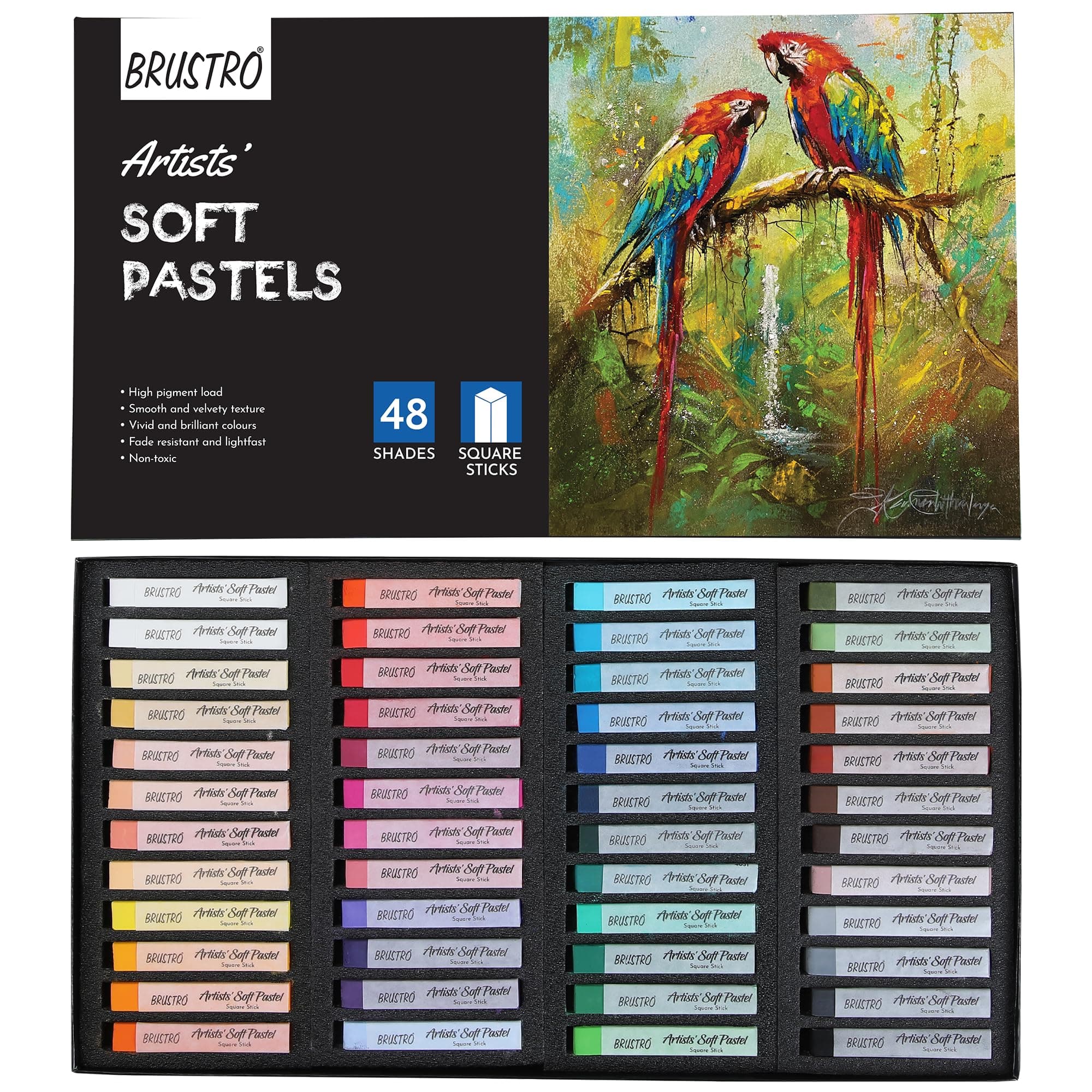 BRUSTRO Artists Soft Pastels Set of 48 | Ideal for Layering, Blending, Scumbling, Vivid Colours, Intense Shades, Highly Pigmented, Fade Resistant Colors