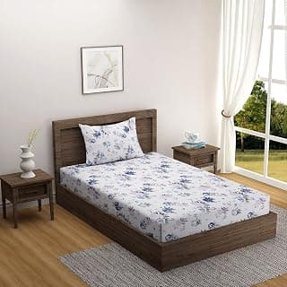Swayam Pure Cotton Single Bedsheet with 1 Pillow Cover | Size 60 x 90 inch | 210 TC | Floral Design | Soft Breathable Bed Sheet | Comfortable & Durable for Bedroom - Cream & Blue