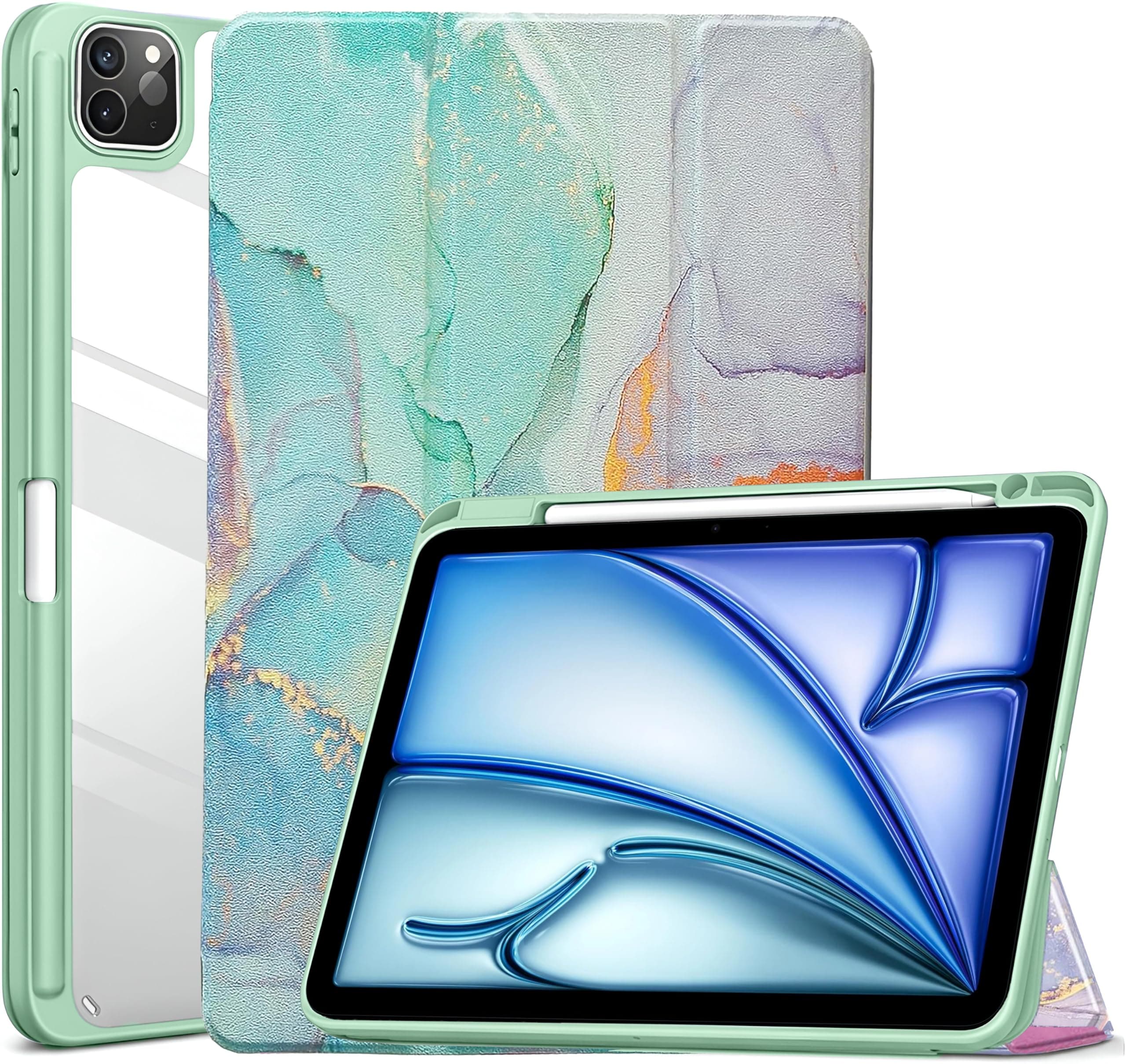 ProElite Case for iPad Air 11 Inch M4/M3/M2 2026/2025/2024, iPad Air 10.9 inch 5th/4th Gen & iPad Pro 11 inch 4th/3rd Gen 2022 case Cover, Transparent Smart Flip Cover with Pencil Holder, Marble Green
