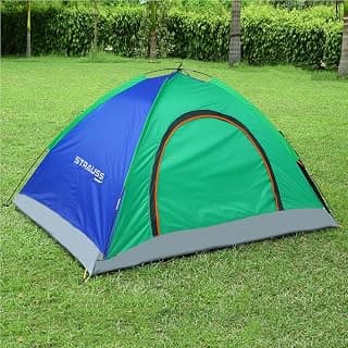 STRAUSS Portable Camping Tent | Ideal for 4 Person | Quick 5-10 Minute Setup | Waterproof Tent for Camping | Superior Air Ventilation | Ideal for Indoors and Outdoors | Camping Accessories,Blue/Green