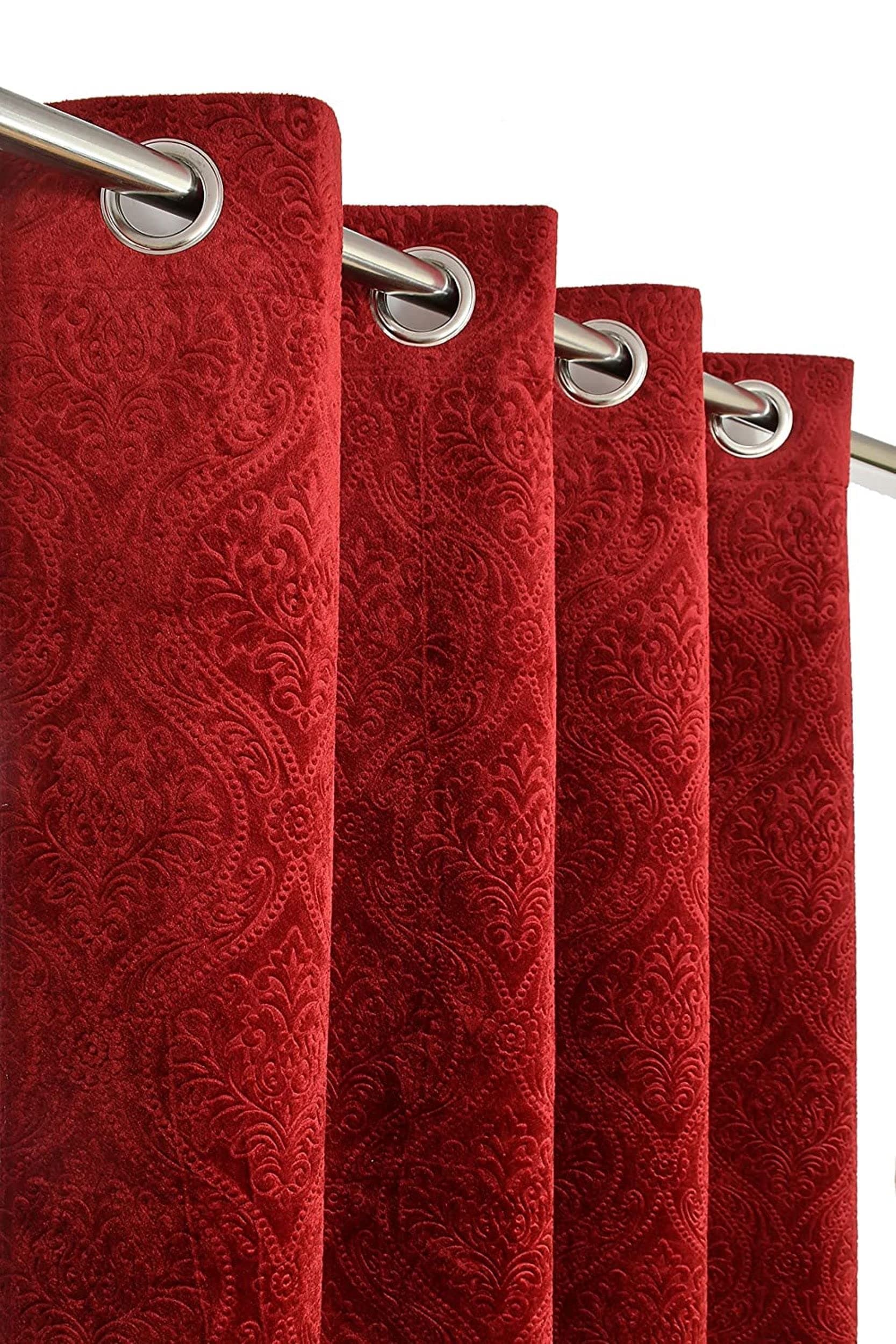 Kiara Creations Velvet Emboss Damas Room Darkening Grommet Curtains for Window- 5 Feet (Pack of 2) Maroon