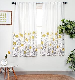 Tranquebar Curtain Co. Window Curtains 5 Feet, 60-65% Room Darkening, Yellow Floral Print, Cotton Curtains for Window, Cotton Curtains 5 Feet Long Set of 2, BackTab Loops, Mazzo (152 cm) - Set of 2