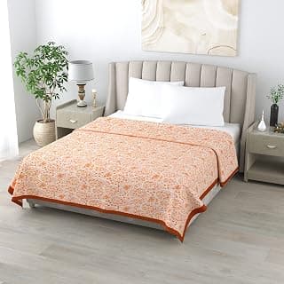 LINENWALAS 100% Cotton Twill Weave Reversible Single Bed Dohar, All Seasons Soft Blanket, Signature Printed AC Dohar with Silk Border, Lightweight Warm (Paisley Drop Orange, 90x60 inch)| TC - 210