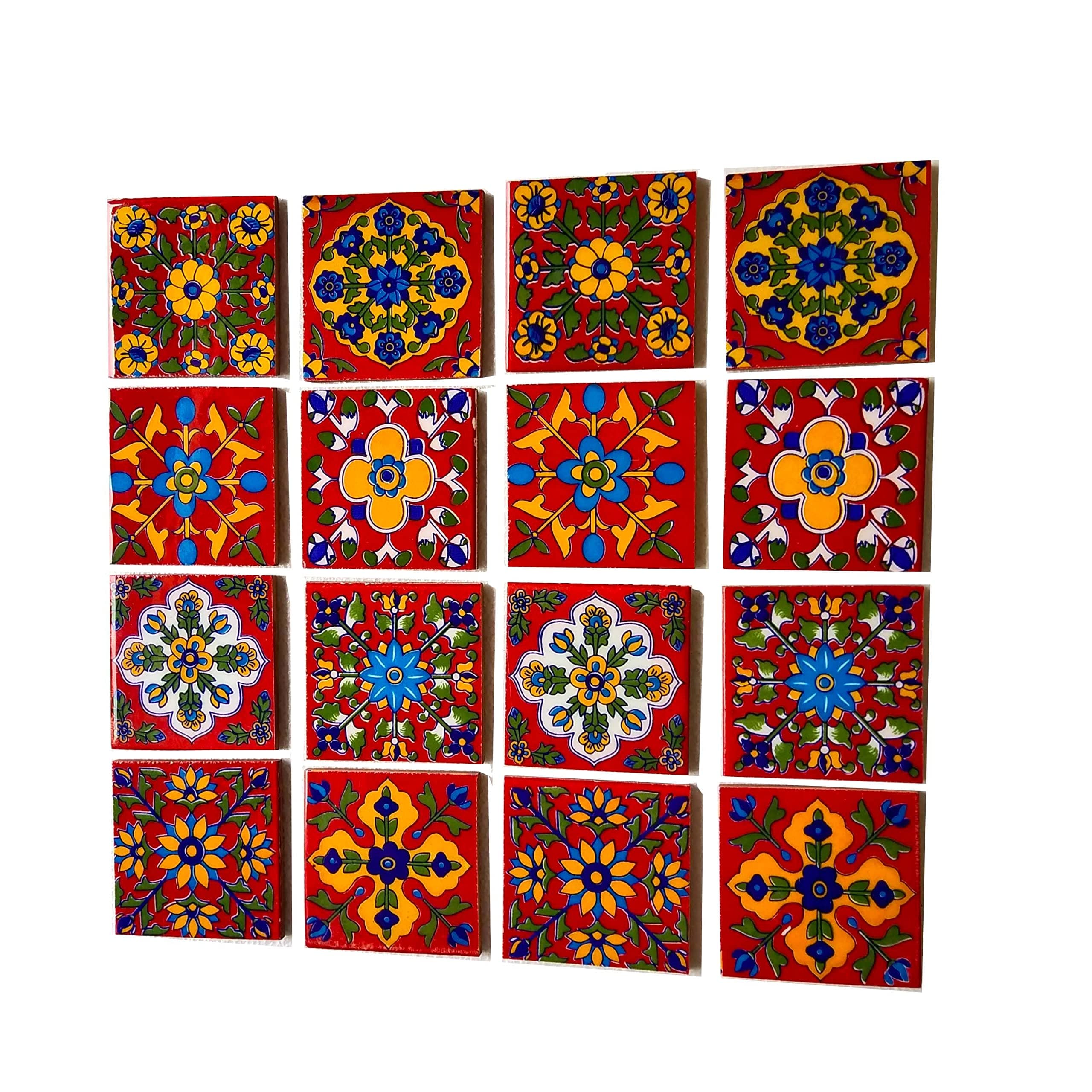 Shiv Kripa Blue Pottery Home Decorative Ceramic Wall Hanging Tile - Design Flooring, Floral Kitchen Washroom Mosaic Furniture Handmade Backsplash 3 x 3 Inches (Pack of 20, Multicolor)
