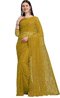 Generic Lorofy Women's Net Saree With Blouse (Methipila), Mustard