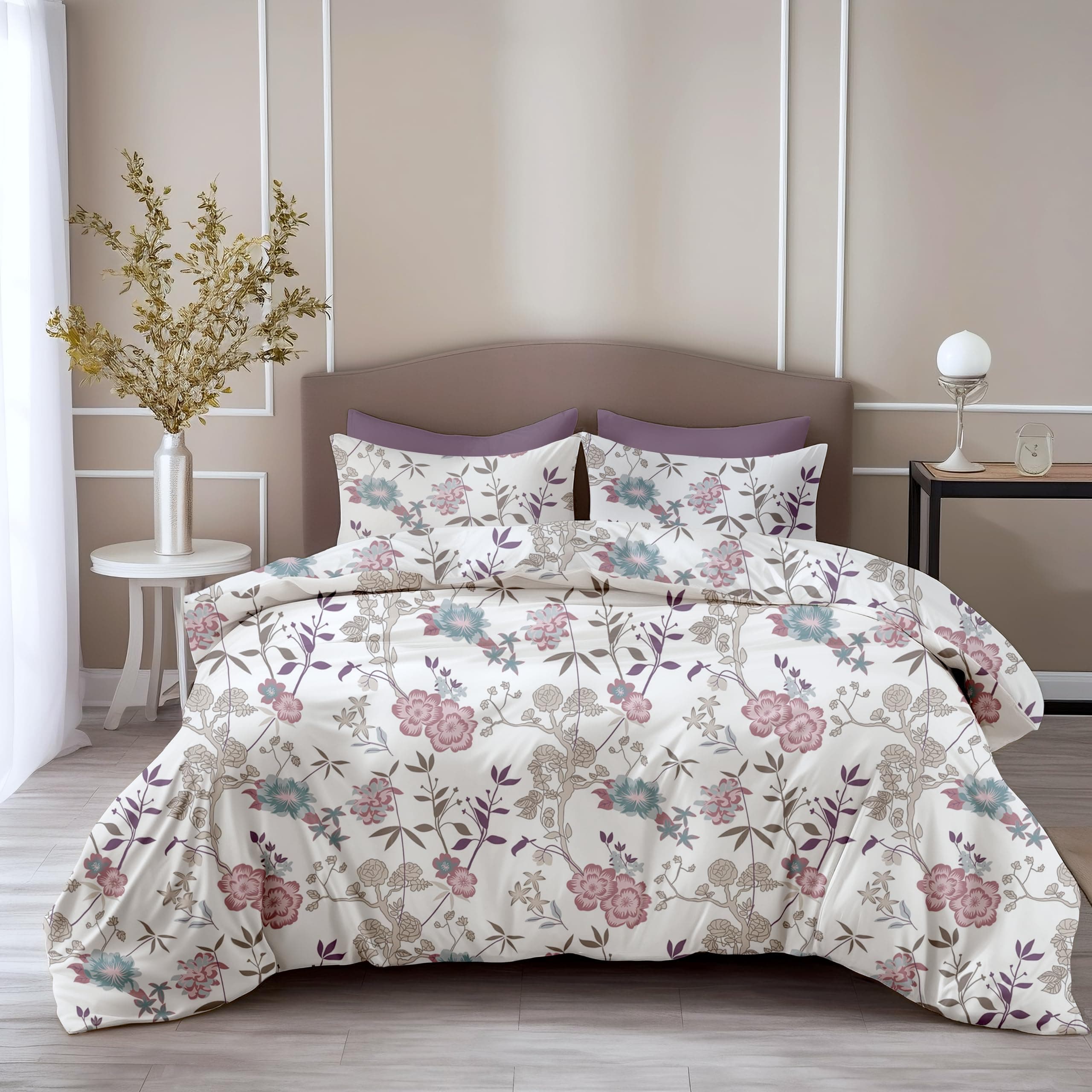 LORETO - A QUALITY LINEN BRAND 100% Pure Cotton Bedsheet for Double Bed, 144TC Soft & Breathable Double Bed Bedsheet with 2 Pillow Covers (Blush Pink & Teal Floral Vines, 88 x 90 Inches)