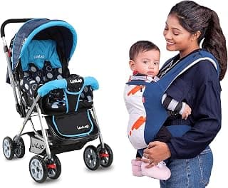 LuvLap Sunshine Stroller/Pram, Easy Fold, for Newborn Baby/Kids, 0-3 Years (Sky Blue) & Luvlap Adore Baby Carrier with 3 Carry Positions, for 6 to 24 Months Baby, Max Weight Up to 18 Kgs (Blue)