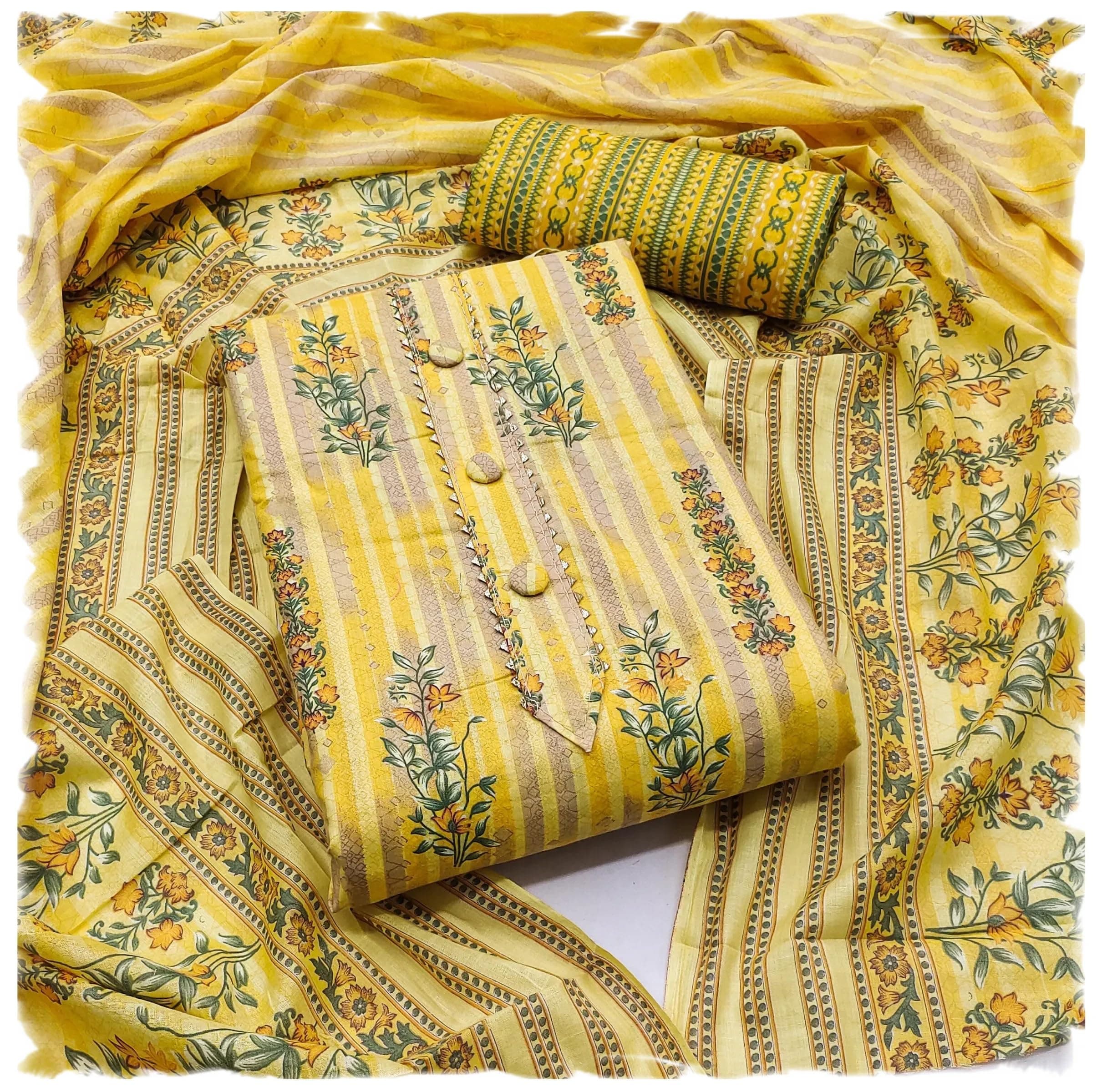 StyleScope Women's Cambric Cotton Batik Printed Unstitched Salwar Suit Dress Material With Printed Dupatta (DM Batik Yellow_Free Size)