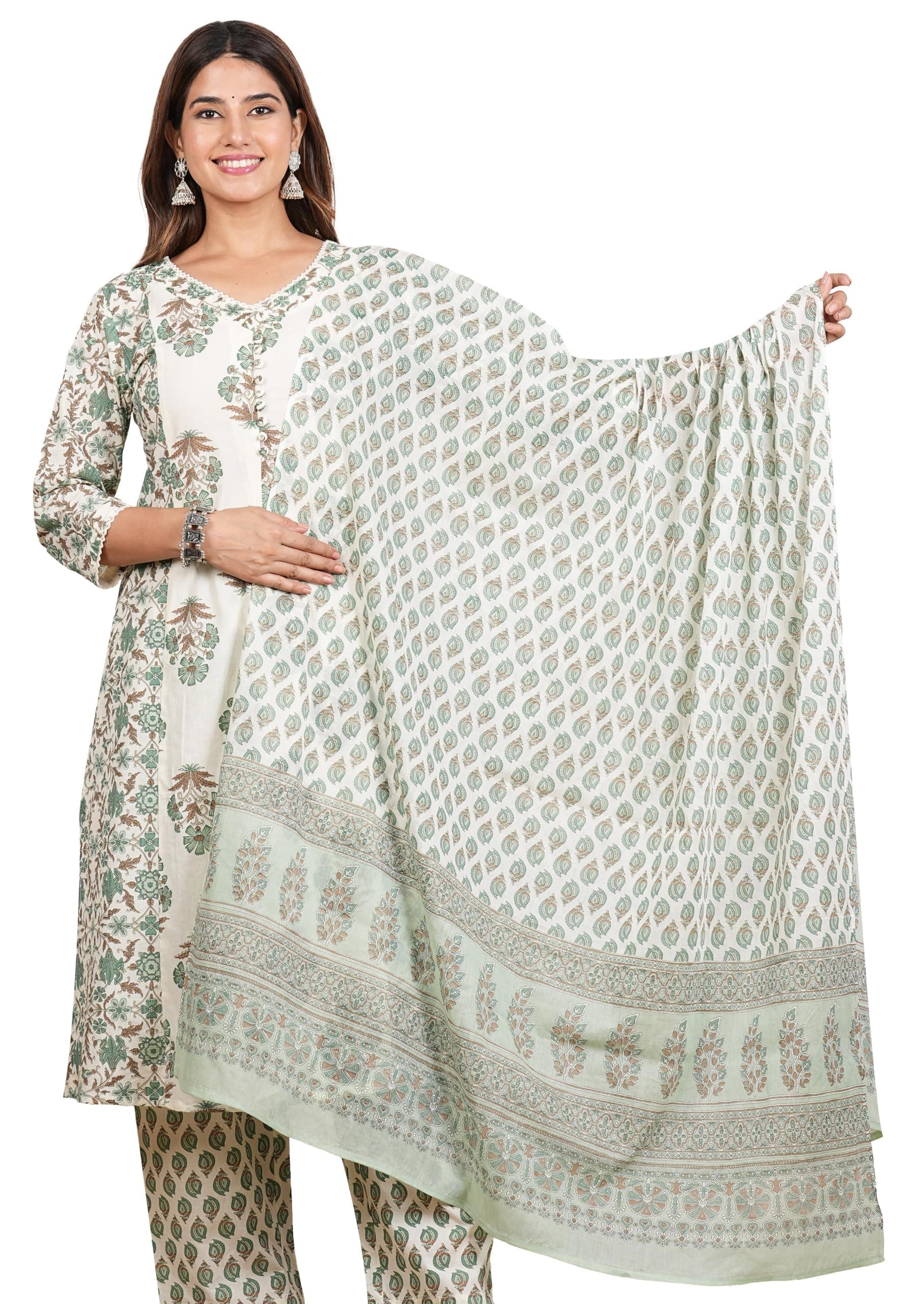 Yash Gallery Women's Cotton Cambric Floral Print Calf Length V-Neck With Lace And Potli Button Detaling 3/4 Sleeves Straight Kurta With Pant And Duptta (Multi)