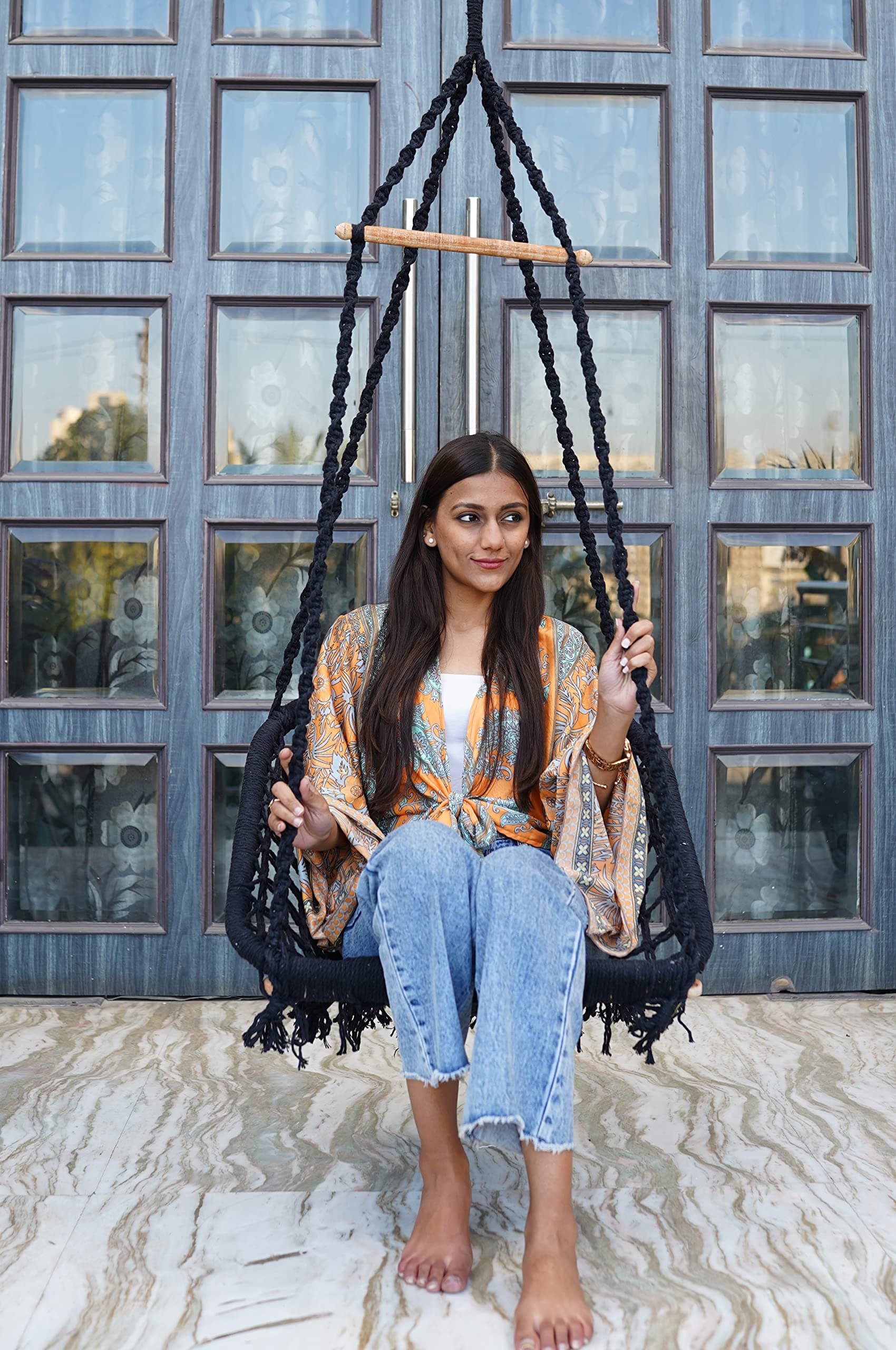 Patiofy Swing For Adults/Jhula For Adults/Wooden Swing For Living Room/Swing For Balcony/Swing For Adults For Home/Large Cotton D Shape Hammock Hanging Swing W/ Wooden Bar(Black)-20 Cm,64 Cm,152 Cm