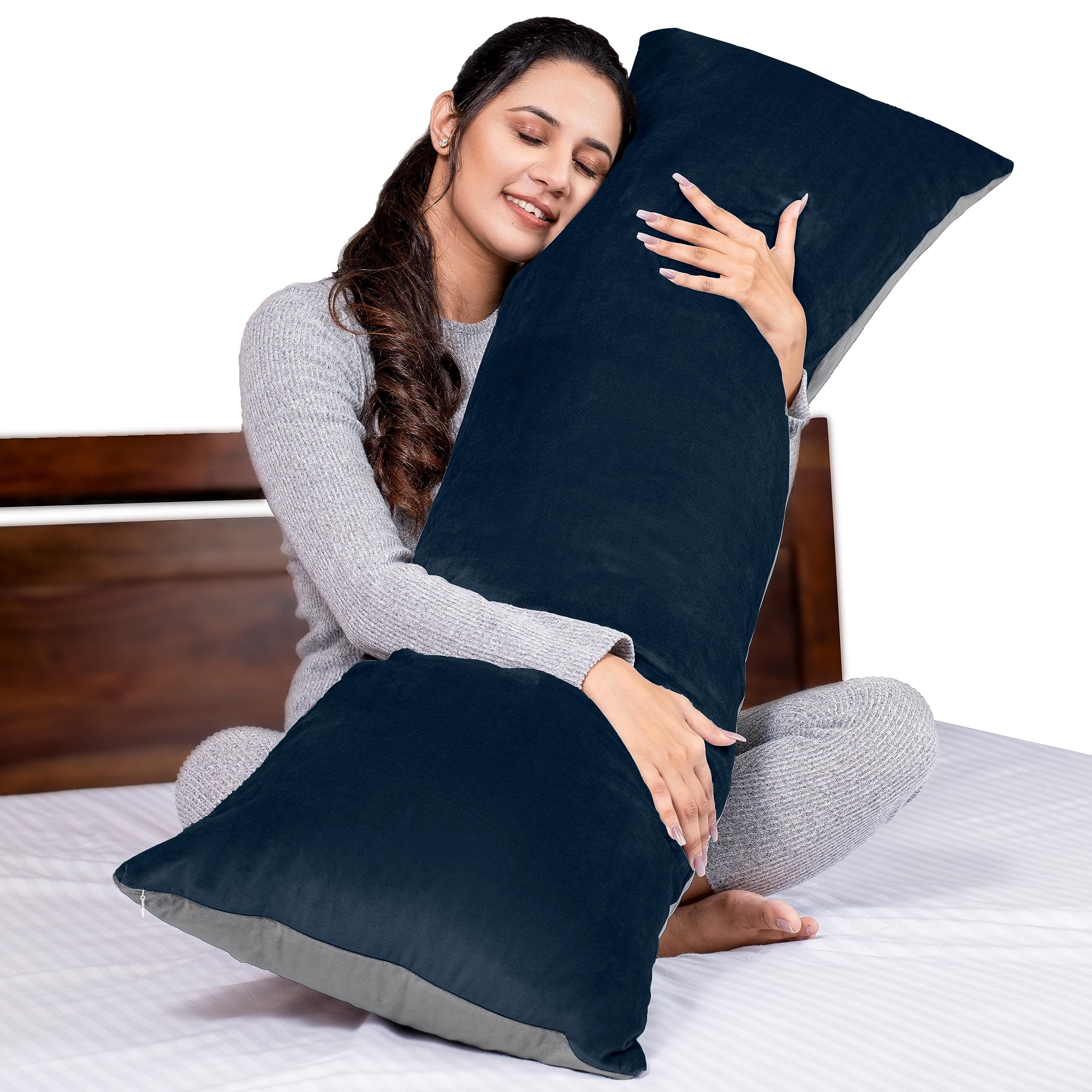 MYARMOR Maternity Pillow | Microfiber Long Body Side Pegnancy Pillow for Women Sleep | for Hugging & Relaxing, Washable Velvet Cover with Zip, Grey +Navy Blue, 53"x16"