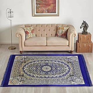 Kuber Industries Carpet|Water Absorption Kalamkari Paisley Pattern Floor Mat|Velvet Sitting Carpet for Hall, Living Room, 5x7 Feet (Navy Blue) |Rectangular