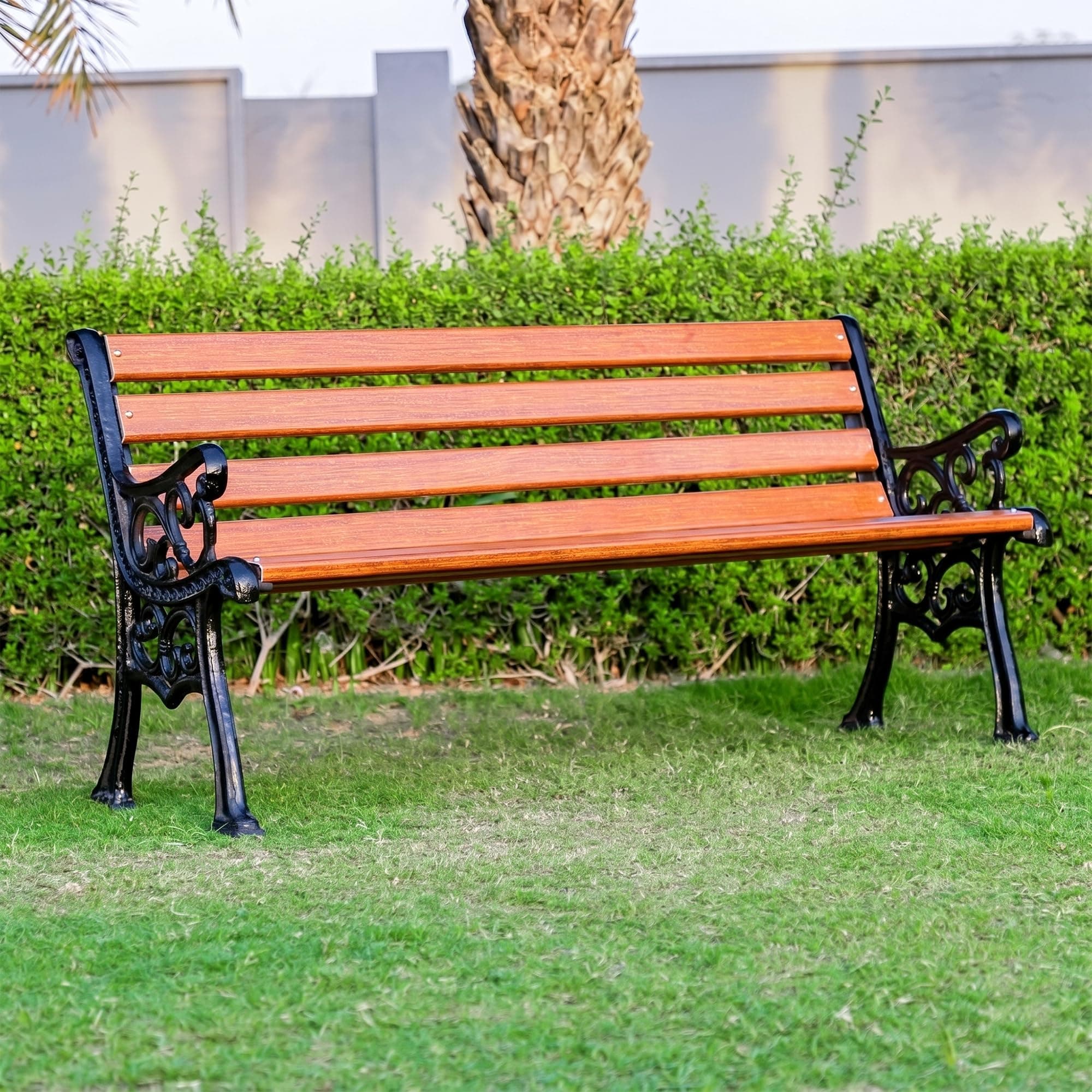 OUTLIVING 3 Seater Cast Iron FRP Garden Bench for Indoor & Outdoor Park/Patio/Living Room/Terrace/Balcony (Black+ Wooden Texture)