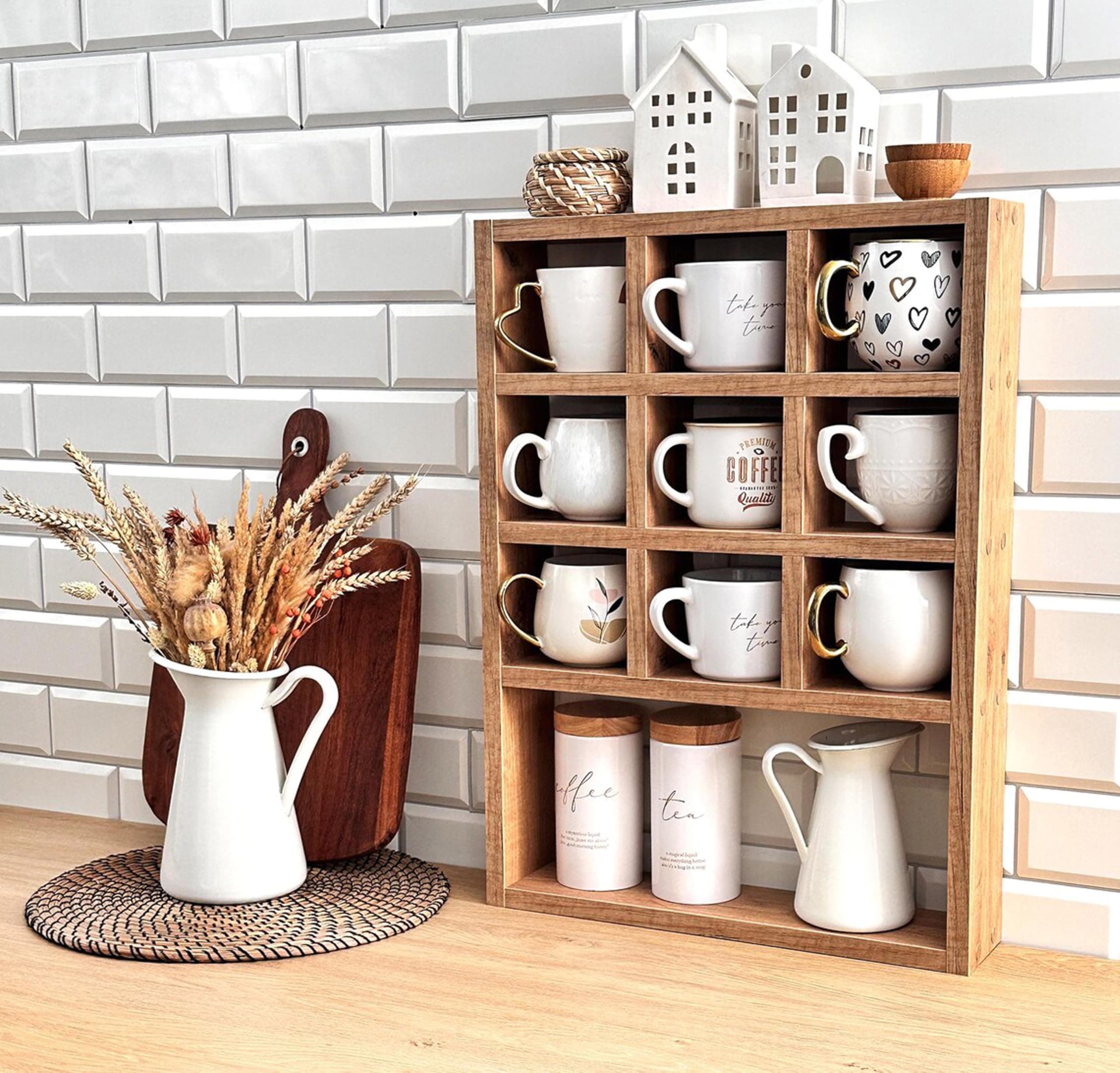 Hamdan Collection Wall Mounted Mug Shelf - Coffee Cup Storage - Kitchen Wall Rack - Floating Cup Organizer - Rustic Coffee Bar Shelf (10 Compartment)