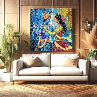 Indianara Radha Krishna Framed Canvas Painting Wall Art for Pooja Room, Bedroom, Living Room, Office, Hotel Interiors (Multi Color - 16 inch x 16 inch)