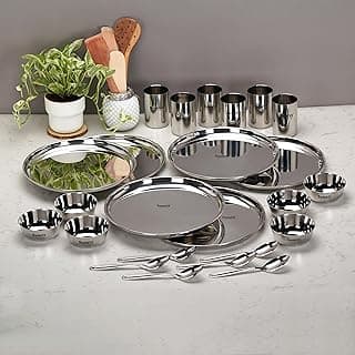 Sumeet Stainless Steel Solid Heavy Gauge Mirror Finish Dinner Set Of 24 Pcs (6 Plate, 6 Bowl/Wati, 6 Glass, 6 Spoon), Silver
