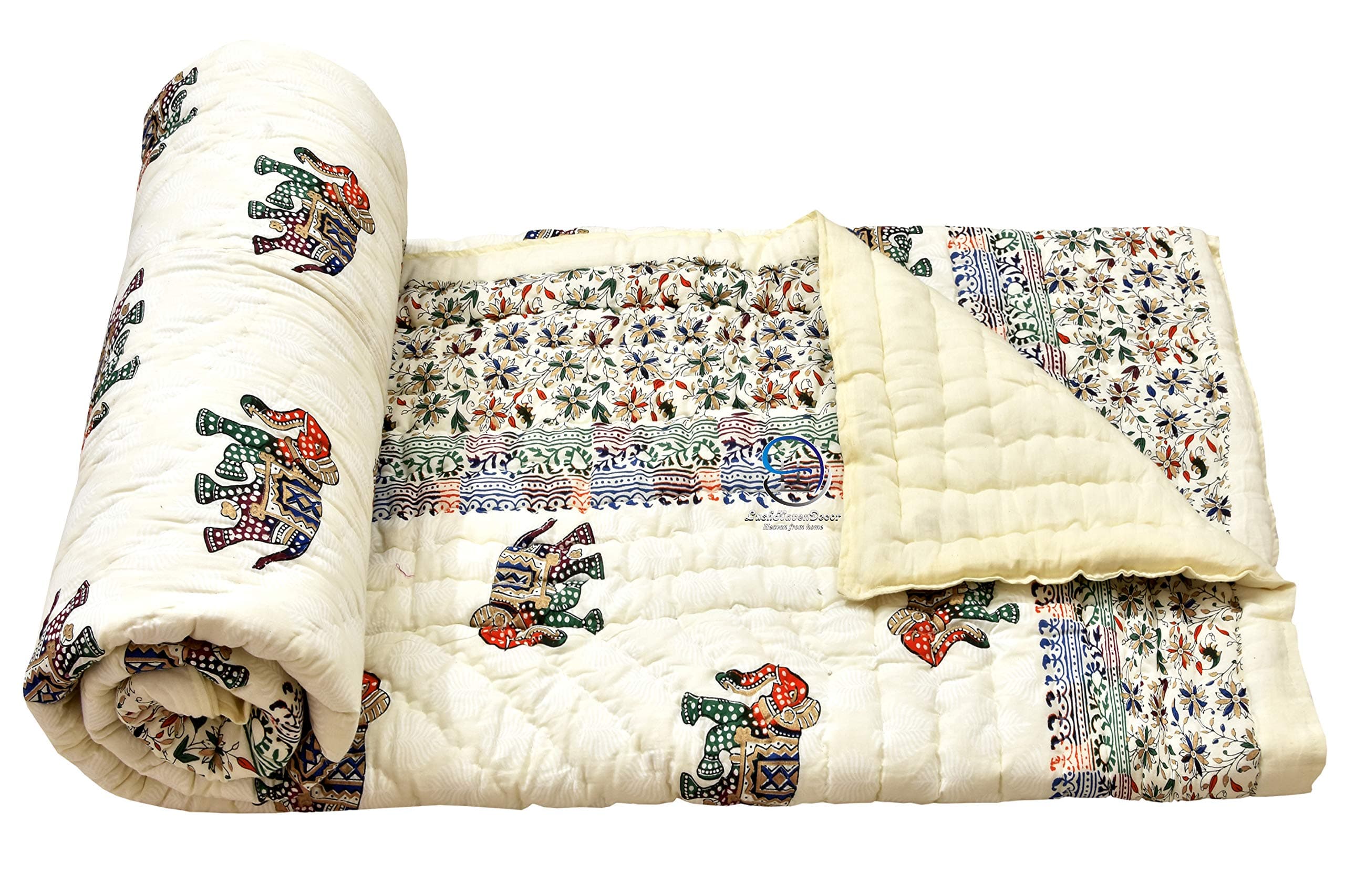 LushHavenDecor 380 GSM Jaipuri Hand Block and Screen Elephants Printed Winter Cotton Double Bed Quilt Razai - King Size Multicolor, Rajai 88x105 inch