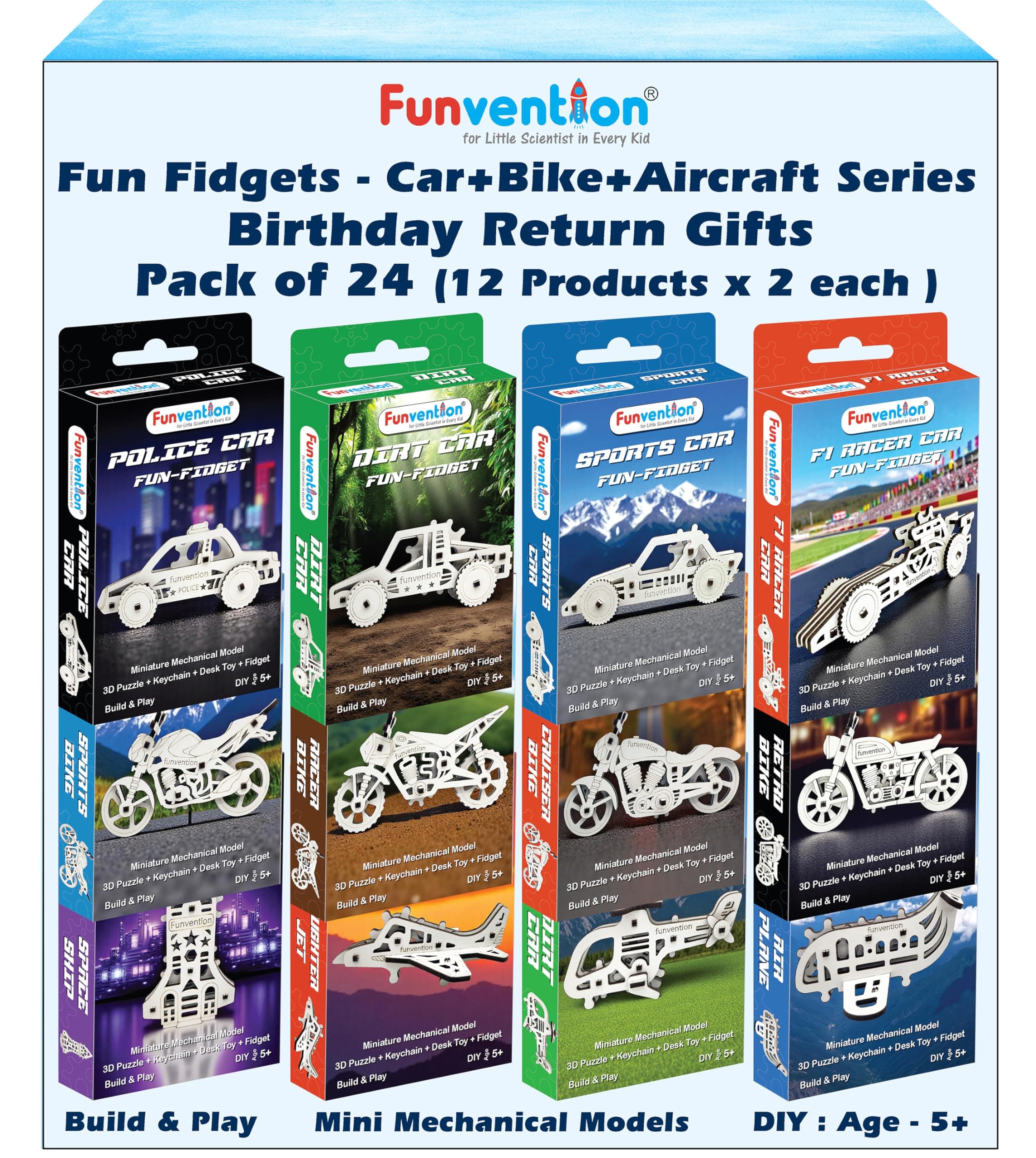 Funvention Birthday Return Gifts(Pack of 24)Fun Fidgets,Aircraft+Bike+Cars DIY Mini Mechanical Models 3D Puzzle Return Favours for Kids Birthday Party 5+ Years Made in India Toys Return Gift,Silver