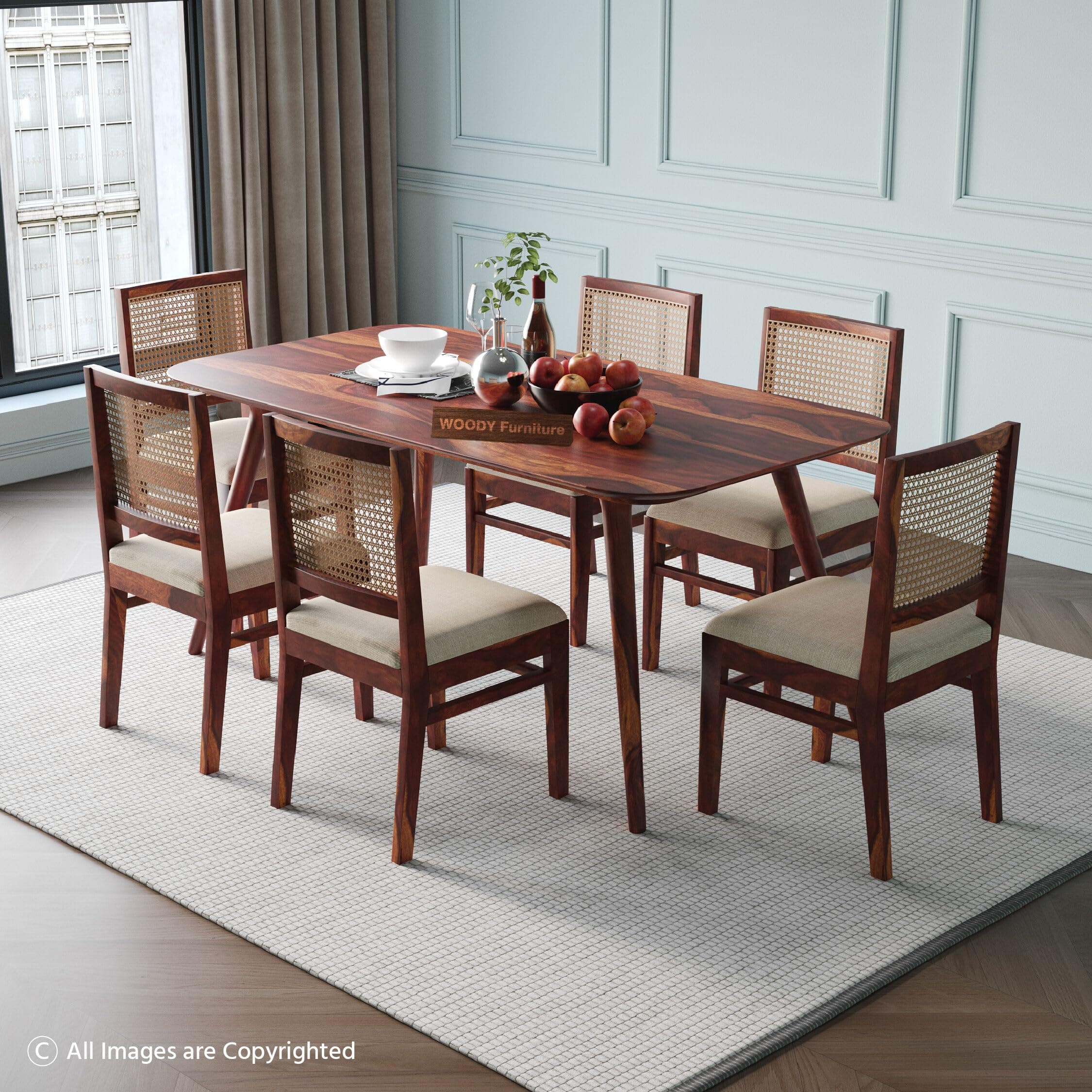 WOODY Furniture™ Solid Sheesham Wood Dining Table 6 Seater Set | Rattan Six Seater Dinning Table with 6 Cushioned Chairs for Home | Wooden Kitchen Dinner Table 6 Seater| (Honey Finish)
