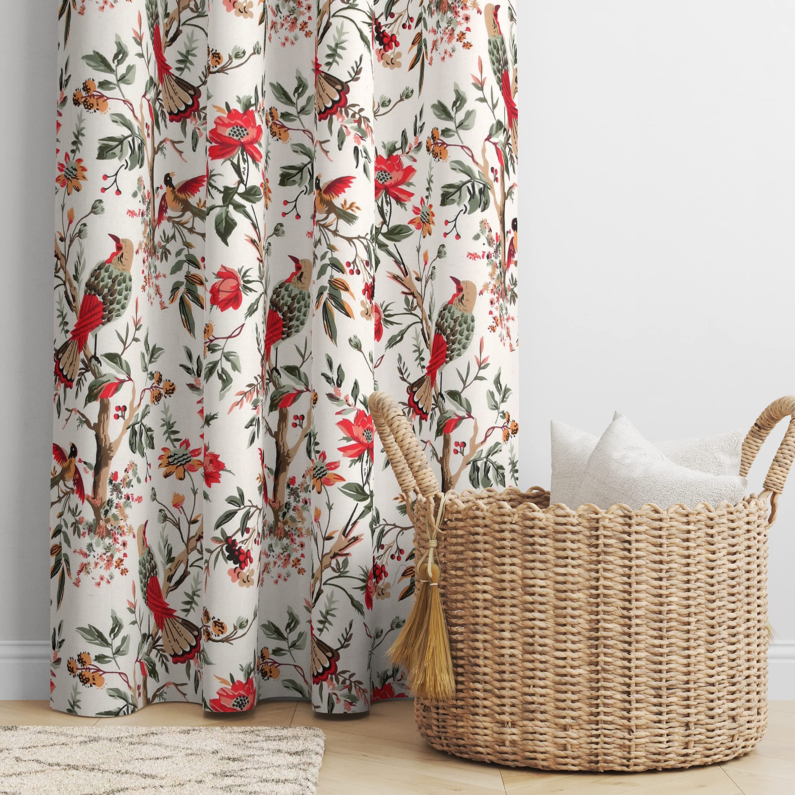Amigos® 100% Cotton Curtains for Door Bedroom, Living Room, Home Décor Fashion Printed Set of 2 Curtains with Stainless Steel Rings (Red Bird, Long Door-9feet)