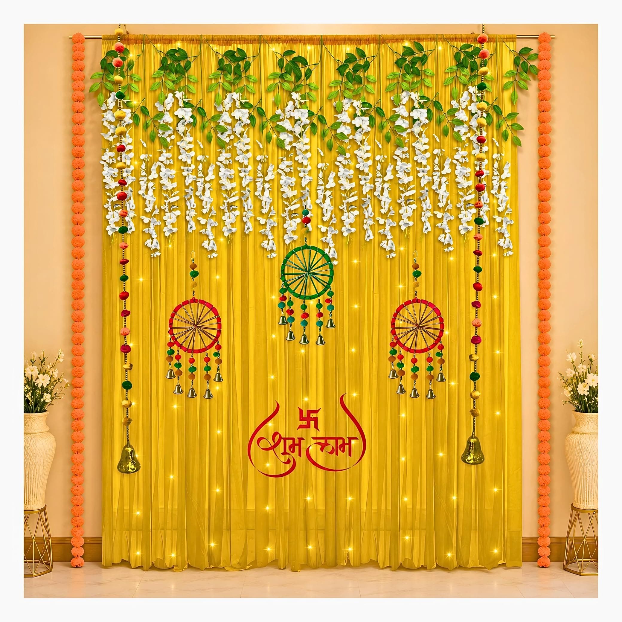 Shimmers Decoration Kit Set of 17 Pcs, Yellow Net Curtains with Artificial Wisteria Flowers, Marigold Garland, Dream Catcher Hanging and Hooks for Ganpati Decoration Home Decor Setup