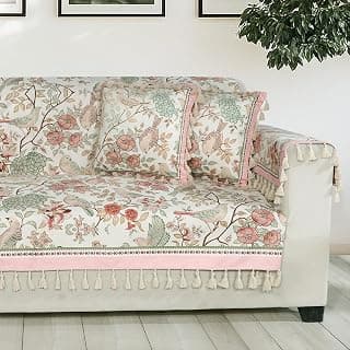 ishro home Premium Sofa Cover 3 Seater Protecter with 2 Handle Covers – Soft European Standard Fabric, Frill Design, Machine Washable | (Gul-o-Parinday, 3 Seater)
