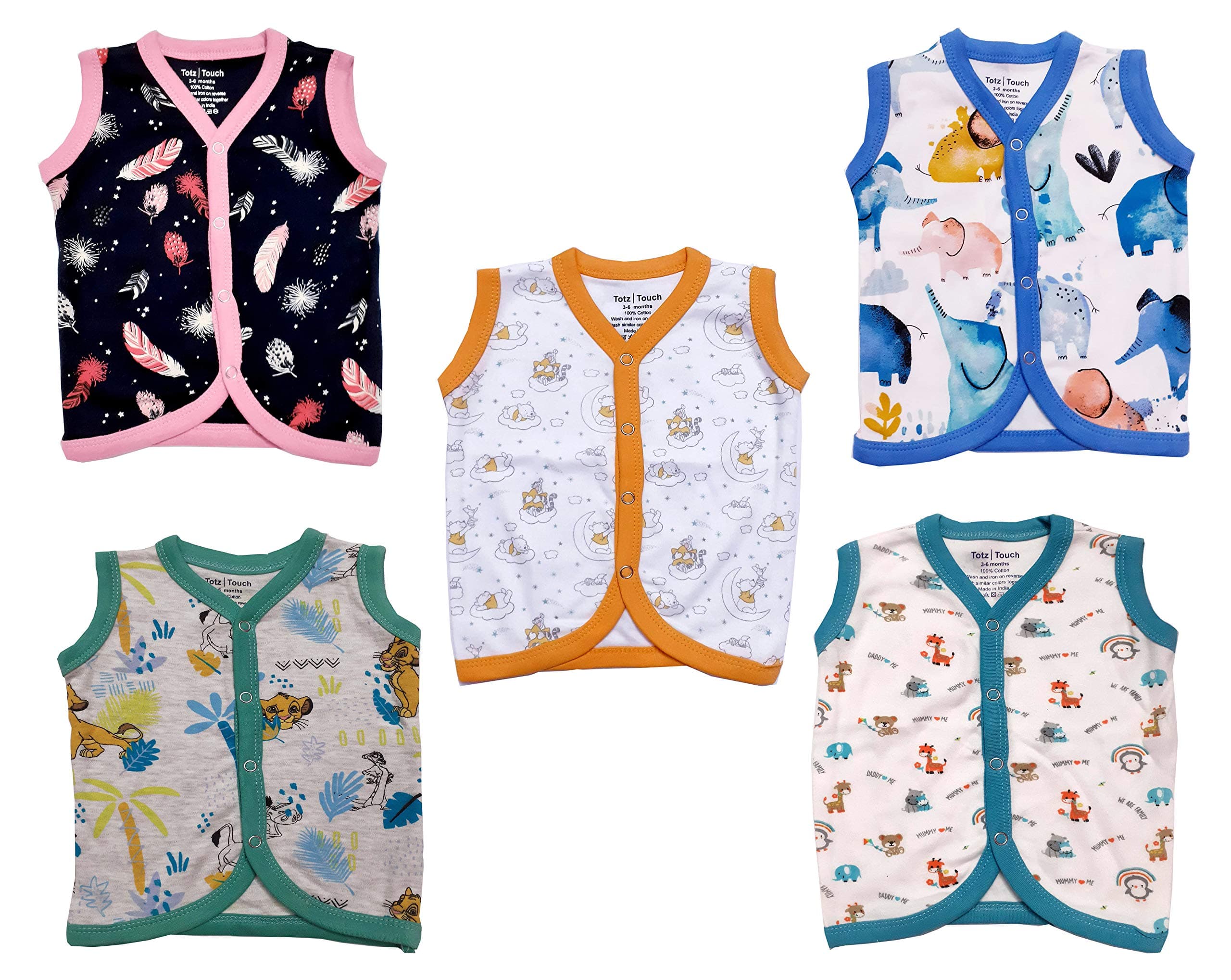 TotzTouch Baby Cotton Unisex Jabalas| Regular Fit T Shirt | Tops Combo Pack Of 5 (Assorted Pack Will Be Sent), Multicolour, 6-9 Month