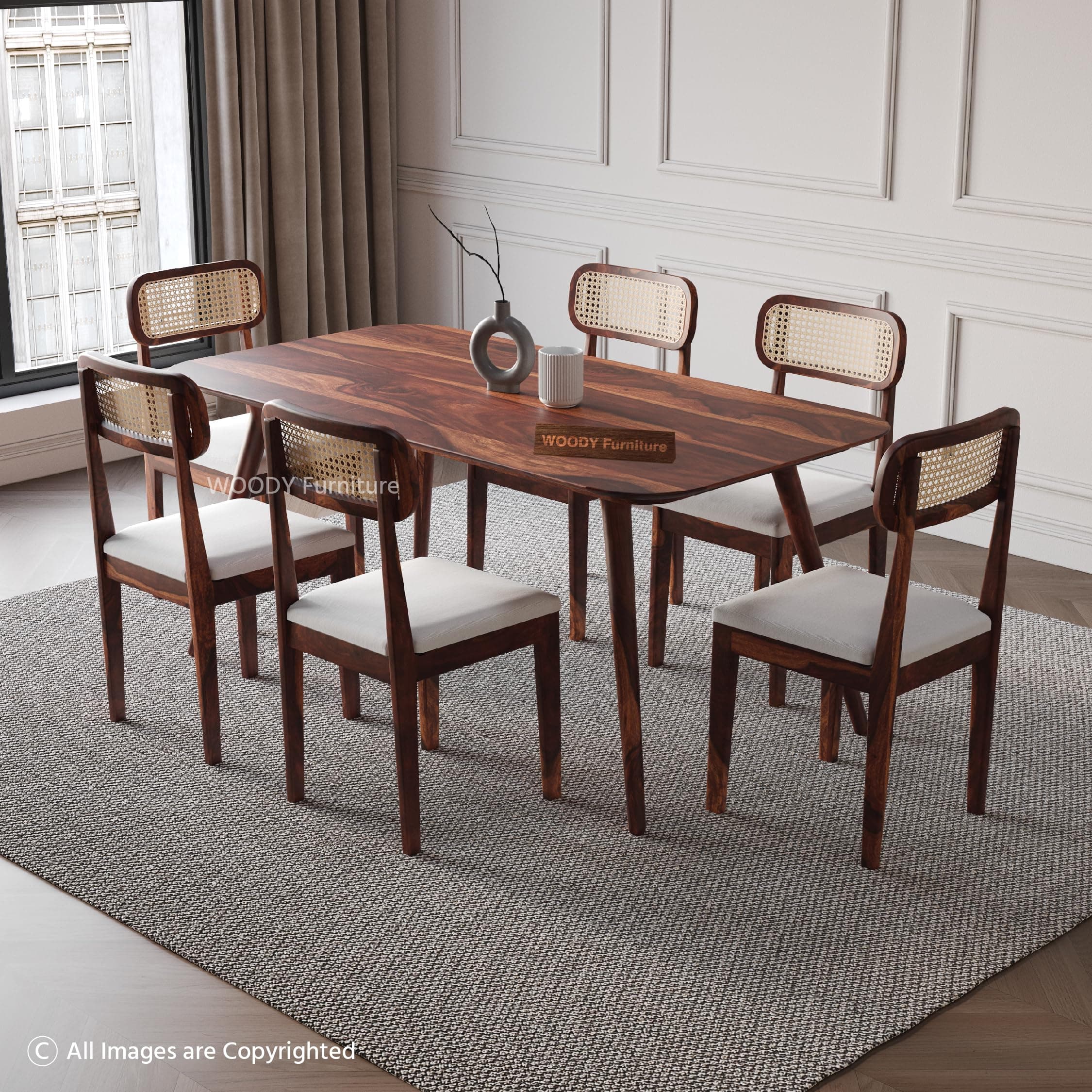 WOODY Furniture™ Solid Wood Dining Table 6 Seater with Cushion Chairs Wooden Rattan Dining Room Set Six Seater Dinner Table Furniture for Living Room Home and Restaurant (Honey Finish)