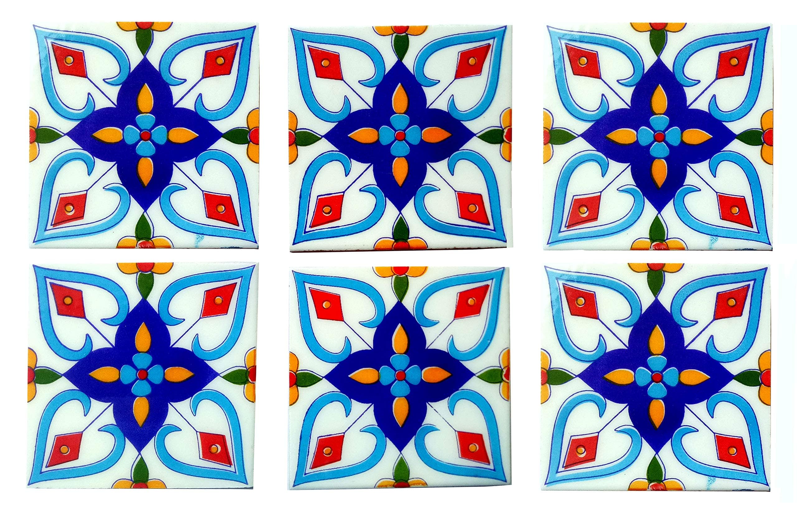 SHIV KRIPA Blue Pottery Floral Decorative Mosaic Wall Tiles (4 x 4 Inch Set of 6 Tiles)