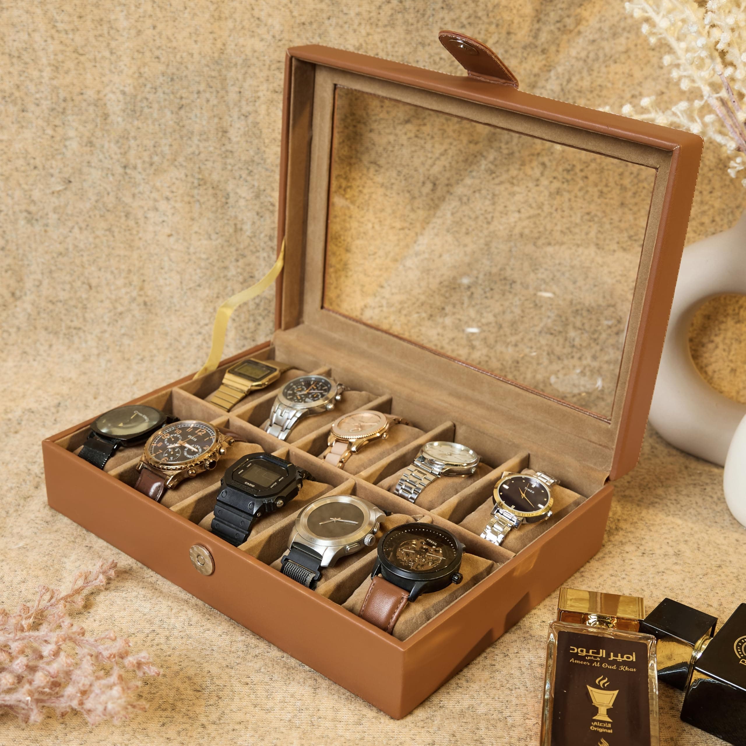Leather World Faux Leather Watch Box Organizer - Watch Case Box Men - Watch Organizer Storage Tray Women - Wrist Watch Holder 10 Slots - Sleek And Display Case – Tan