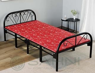 Sahni Foldable Furniture Heavy Duty Single Folding Bed with Attached Firm Cushion Top, 6ft x 3ft Metal Foldable Bed for Sleeping, Guest Room, Hostel & Home, No Assembly Required, Powder Coated