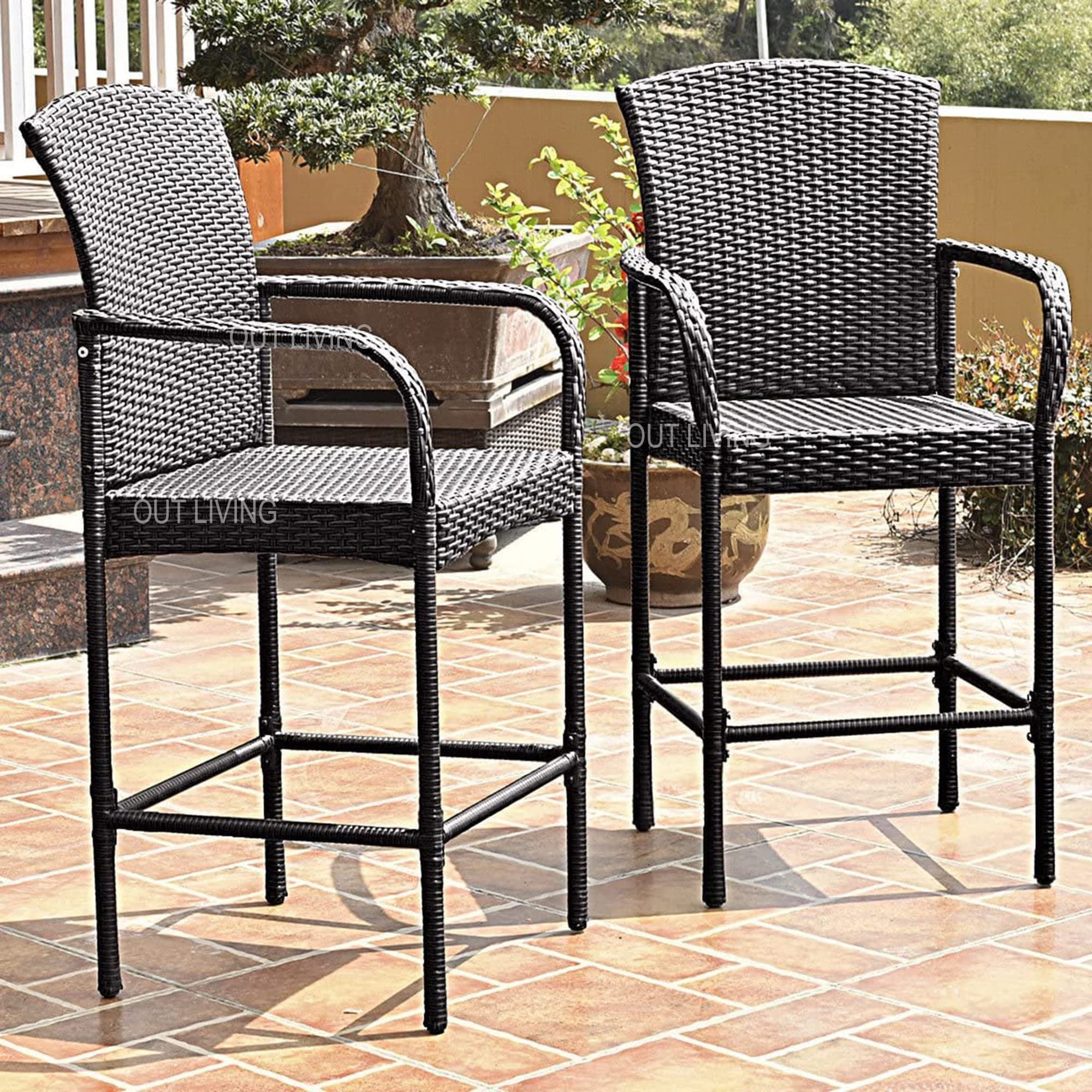 OUTLIVING Rattan Wicker Outdoor High Bar Chair Set of 2 for Garden Balcony Bar Stool Set Lawn and Poolside & Kitchen - (Black)
