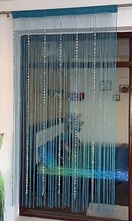 Saira Beads Semi Sheer Curtains, 7 Feet, Aqua, 1 Piece, Striped, Lined, Washable, Rod Pocket Semi Sheer Curtains