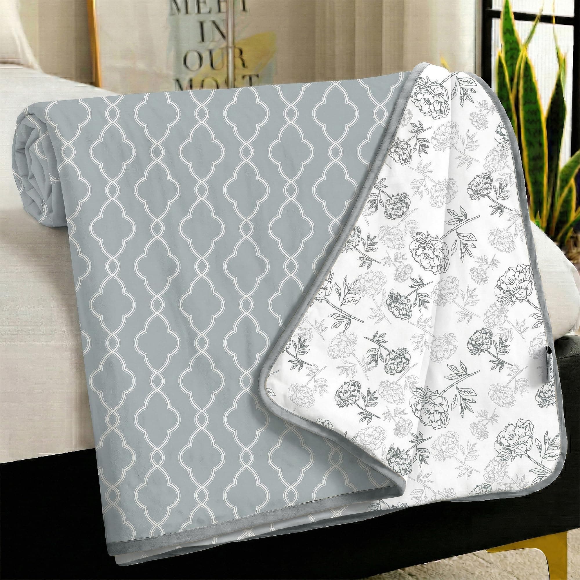 Story@Home Dohar Single Bed Cotton 100% | 150GSM 144 x 220 CM Quilt AC Blanket for Summer | AC Comforter Single Bed |Grey & White, Floral & Moroccan Reversible Design Duvet | All-Season Blanket