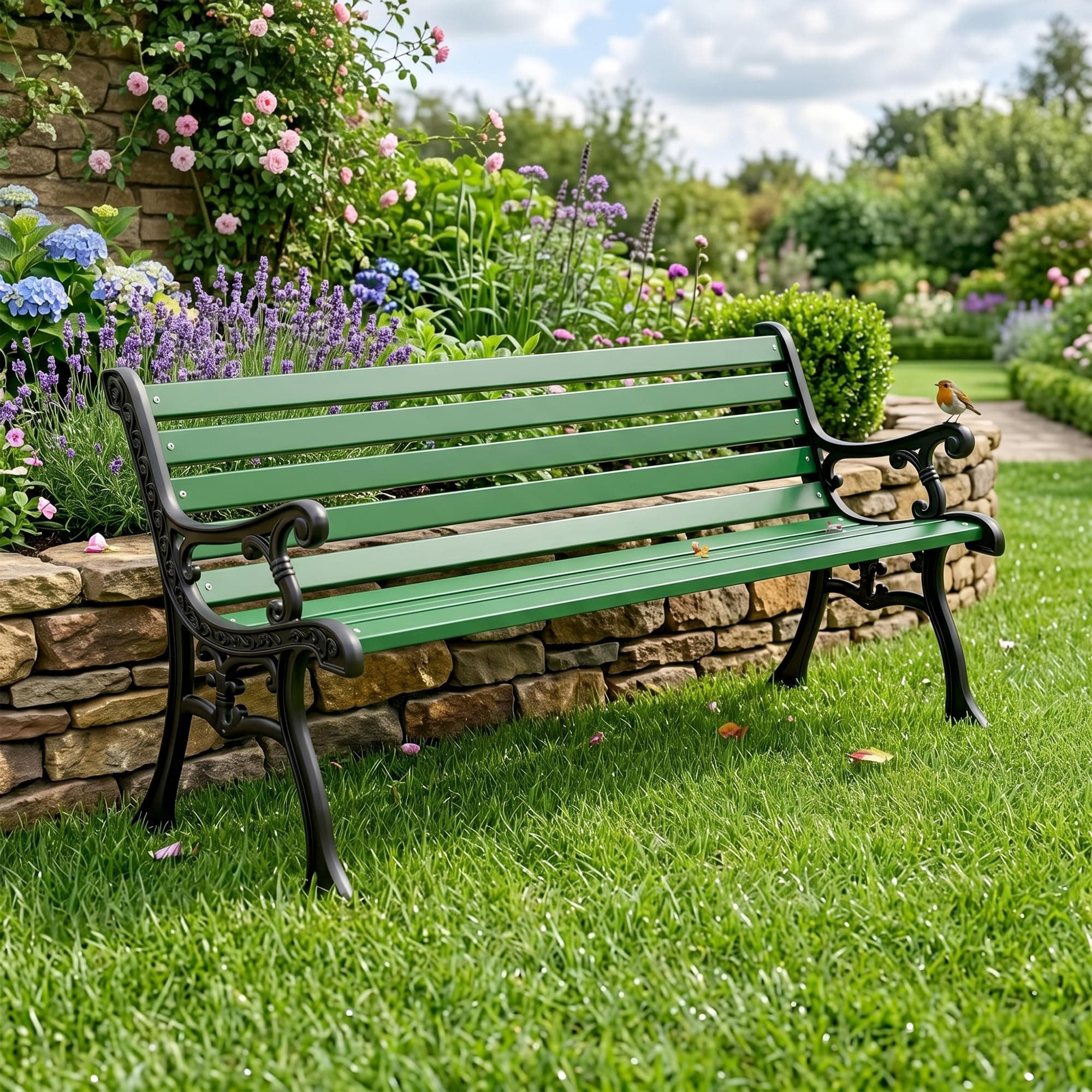 OUTLIVING Cast Iron 3 Seater Garden Bench for Indoor & Outdoor Park | Patio | Living Room | Terrace | Balcony - Green & Black