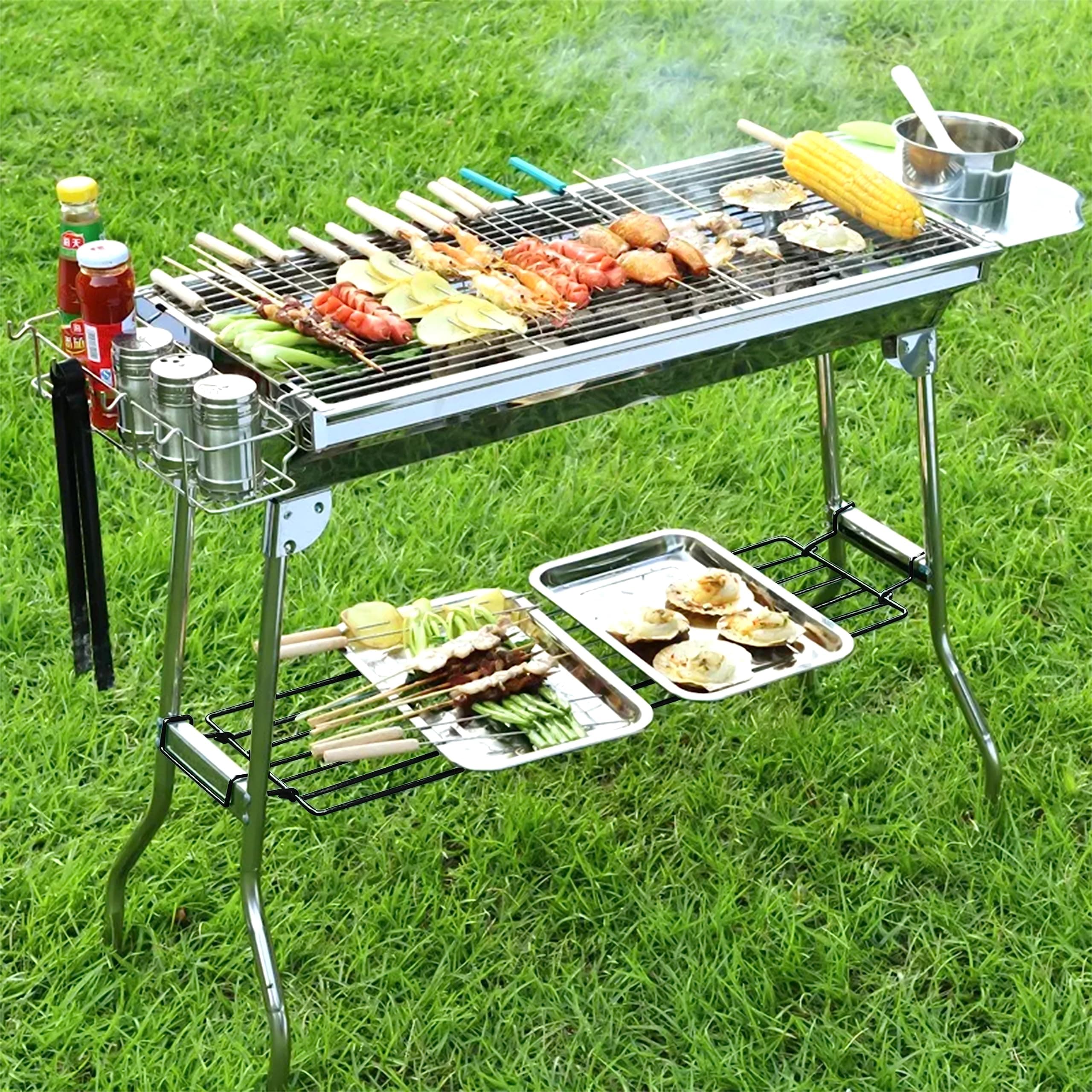 Livzing Barbeque Grill Set Portable | Charcoal Barbeque Grill Set With Storage Shelf & Hooks | Kabab Maker Stainless Steel BBQ Grill For Home, Outdoor Camping, Picnic & Travel