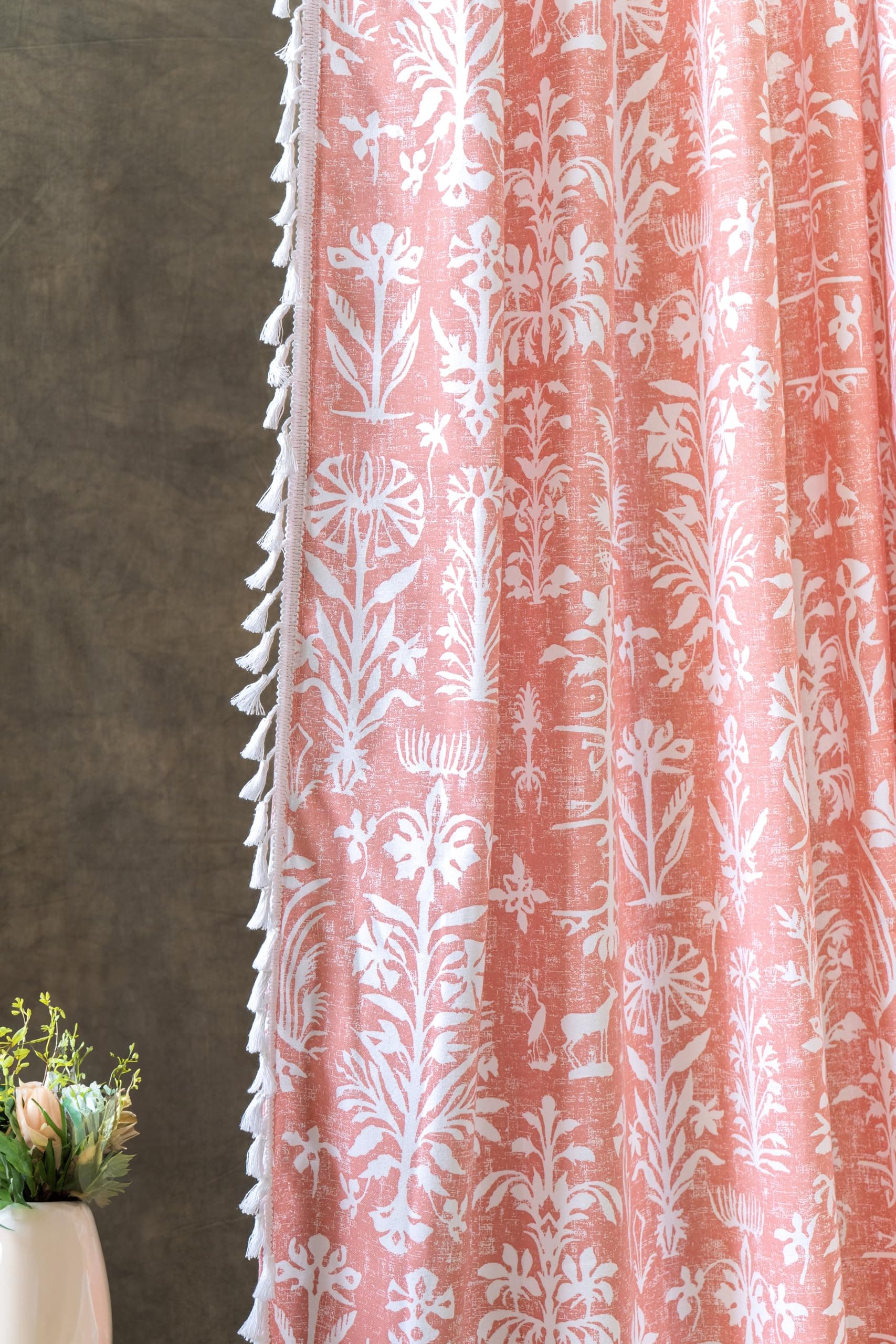 Tranquebar Curtain Co. Cotton Curtains 7 Feet Long, 60-65% Room Darkening, Peach Botanical Print, Door Curtain with Tassel Lace, Pink Curtains, BackTabs, Design Cairo (213 cm) - 1 Piece