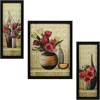 Indianara 3 Pc Set of Floral Paintings (1056) Without Glass 5.2 X 12.5, 9.5 X 12.5, 5.2 X 12.5 Inch-Multicolour