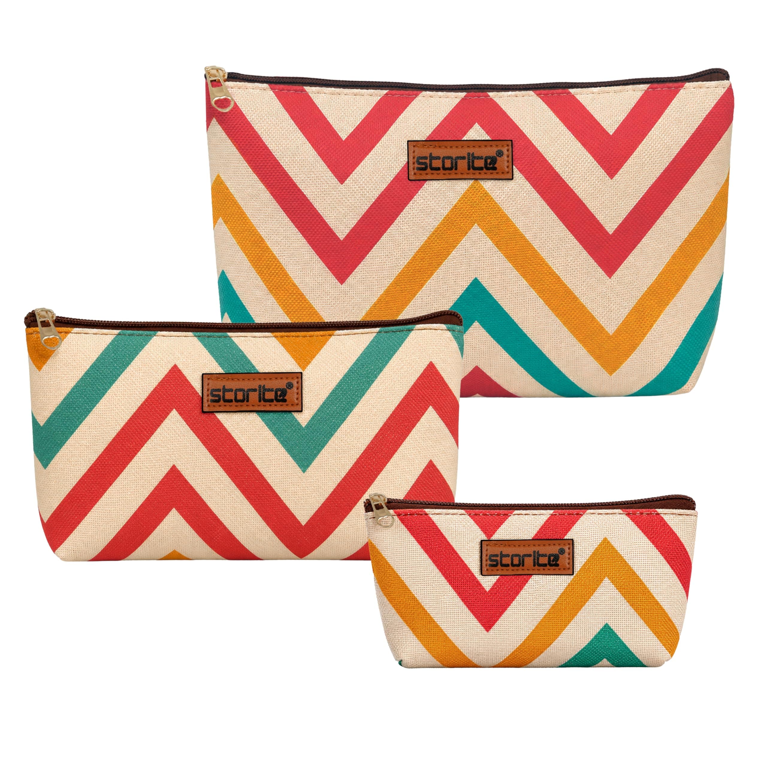 Storite Set of 3 Zig Zag Printed Multipurpose Travel Pouch | Multipurpose Organizer for Cosmetic Stuffs Women Makeup Bag Aesthetic and Trendy