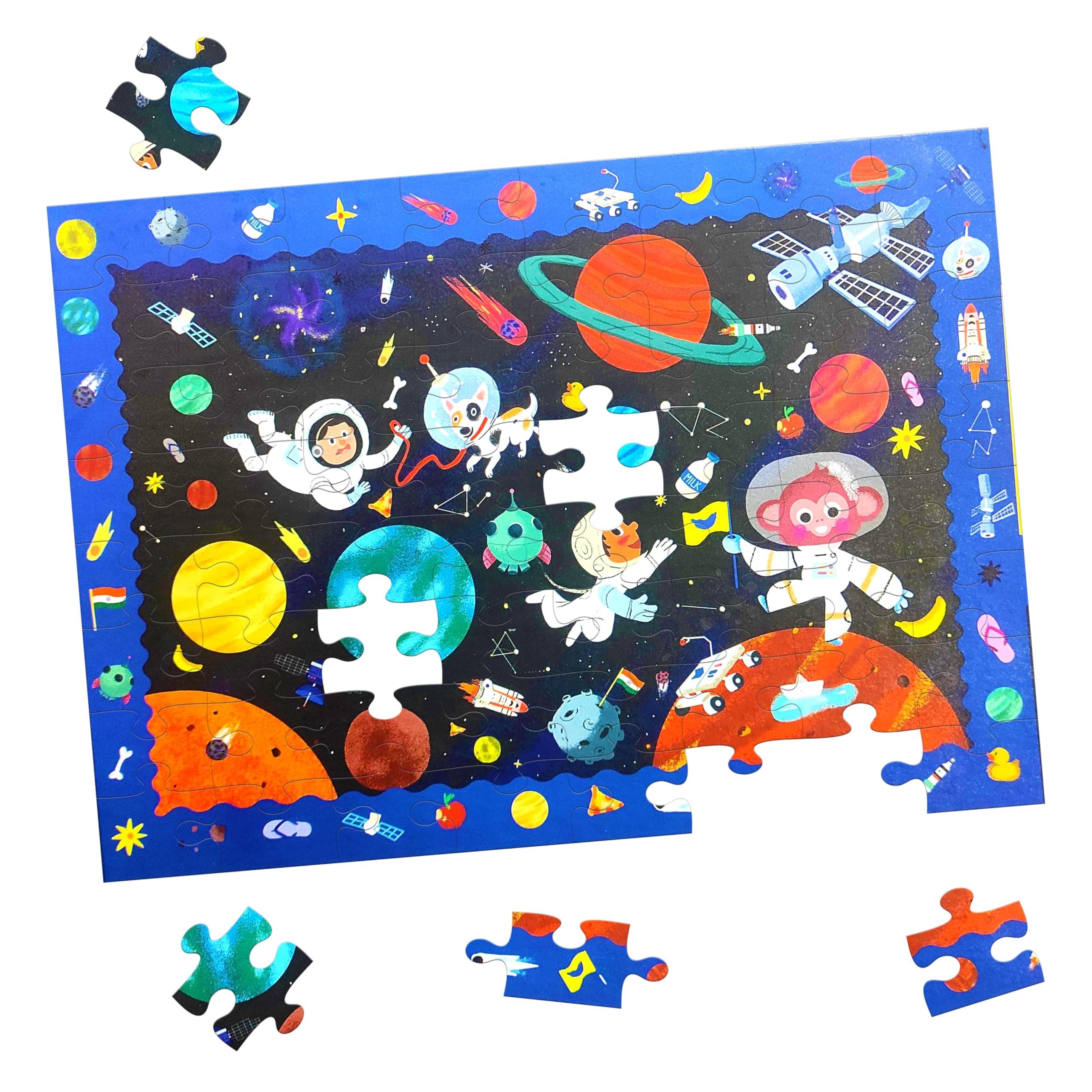 VGRASSP 70 Pcs Space Themed Solar System Based Interlocking Puzzle Toy - Search, Find and Connect Educational, Challenging & Brain Booster Jigsaw Puzzle for Kids, Boys and Girls