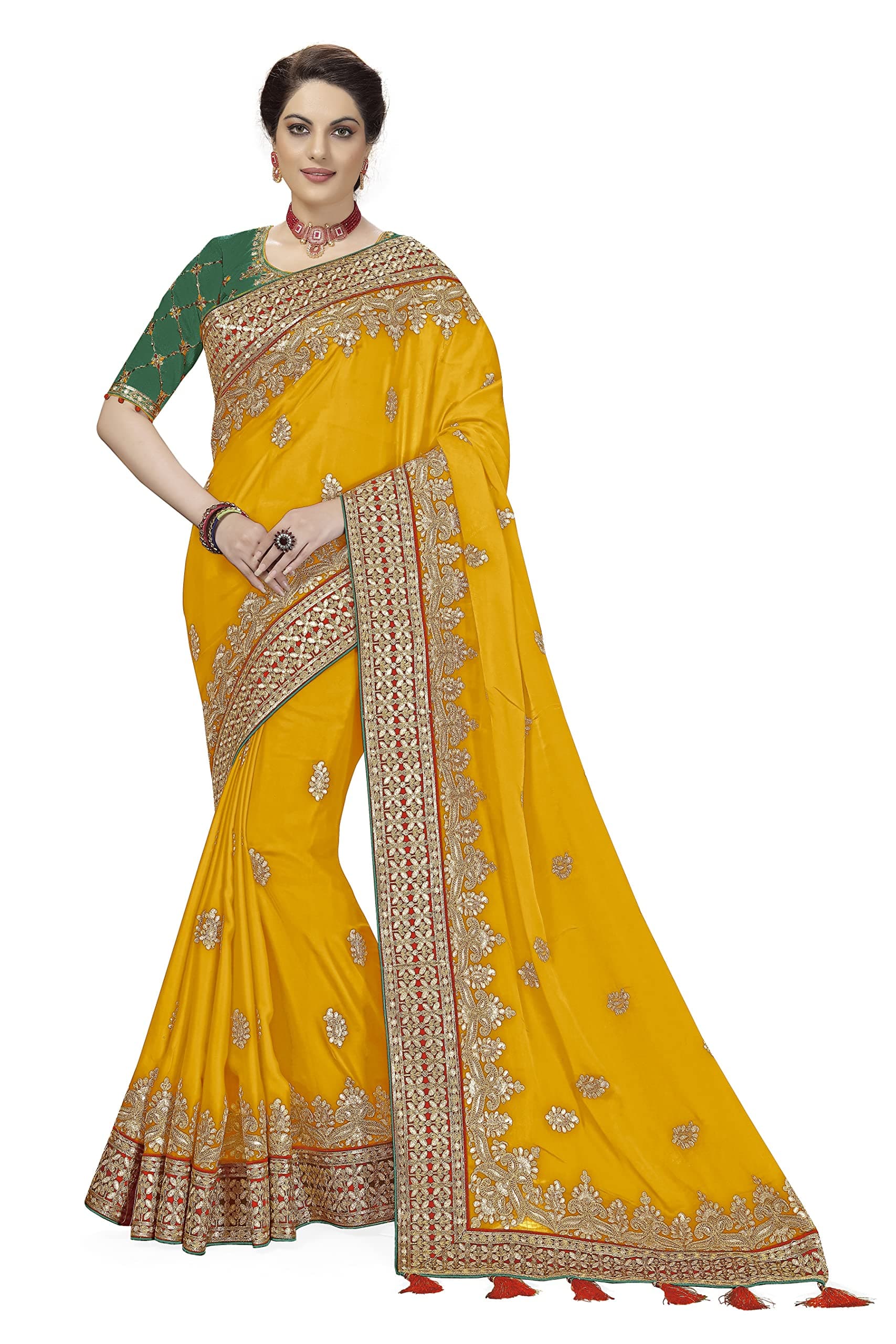 TRENDMALLS Women's Lemon Satin Embroidered Saree with Zari and Sequin Work, Designer Border and Unstitched Blouse Piece for Women
