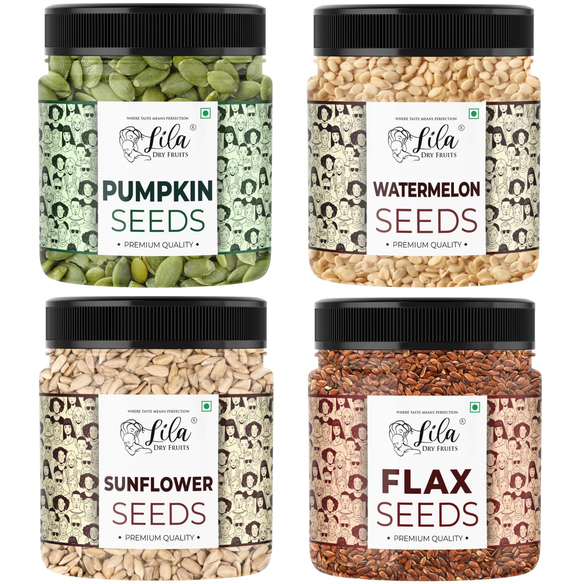 LILA DRY FRUITS Seeds Combo Flax, Pumpkin, Sunflower & Watermelon Seeds 250 Gms Each | 100% Natural, Gluten-Free Healthy Seeds for Eating | High in Fiber & Protein | Perfect for Gifting | 1 KG